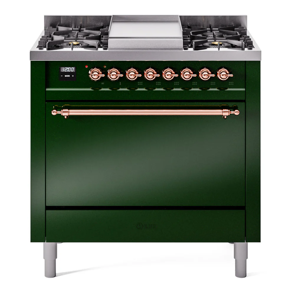 ILVE 36-Inch Nostalgie II Dual Fuel Range with 6 Burners and Solid Door Oven in Emerald Green with Copper Trim (UP36FQNMPEGP)
