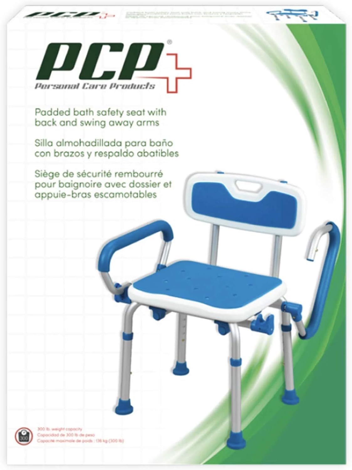 PCP Shower Safety Chair, Bath Bench With Backrest, Swing Arms, Adjustable Height, Medical Senior Support, Foam Padded