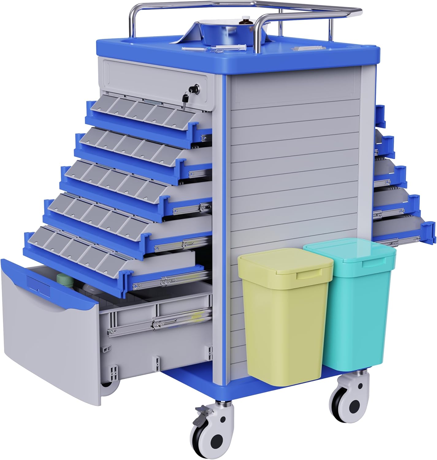 Medication Bins Cart with 200 Bins and Drawer - Dual-Sided Open, 50 Medicine Boxes, Silent Casters, Movable Container, 2 Trash Bin-Medical Crash Cart for Clinic, Hospital and Lab, Factory