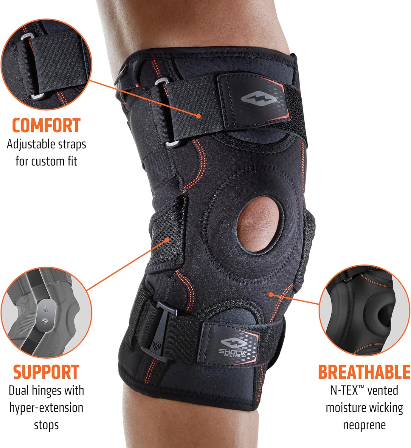Shock Doctor Knee Brace Support, Compression Sleeve w/side Stabilizers, Patellar Support, Meniscus Injuries, Ligament Sprains, Knee Sleeve, Knee Brace for Men & Women, Running, Walking