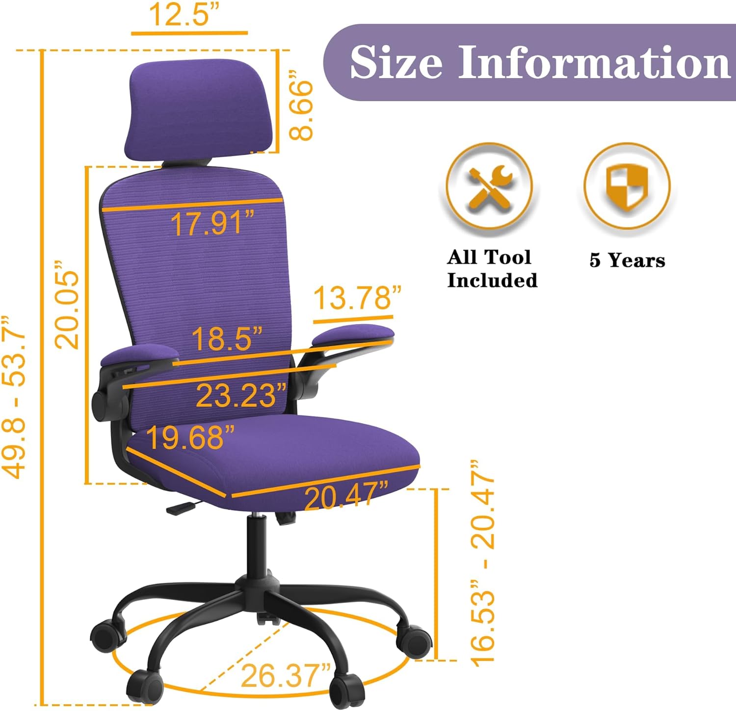 Ergonomic Mesh Office Chair for Long Hours & Back Pain Relief – Adjustable Lumbar Support & Headrest, High-Density Foam Cushion, Flip-Up Armrests, Perfect for Work & Study (Black-Purple)