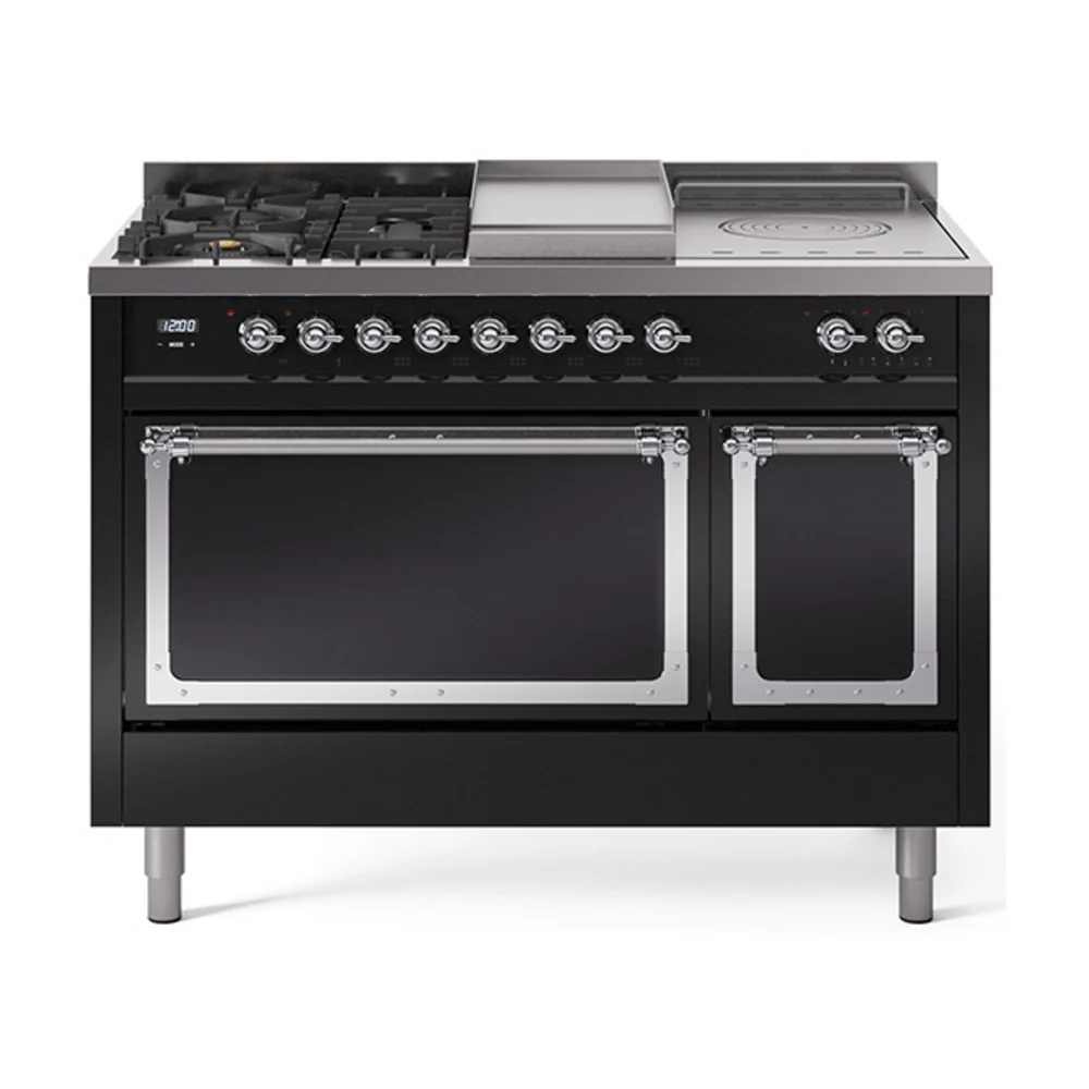 ILVE 48-Inch Nostalgie II Noblesse Dual Fuel Range with 5 Sealed Burners, Griddle, French Top and Solid Door Oven in Glossy Black with Chrome Trim (UN48FSQNMPBKC)