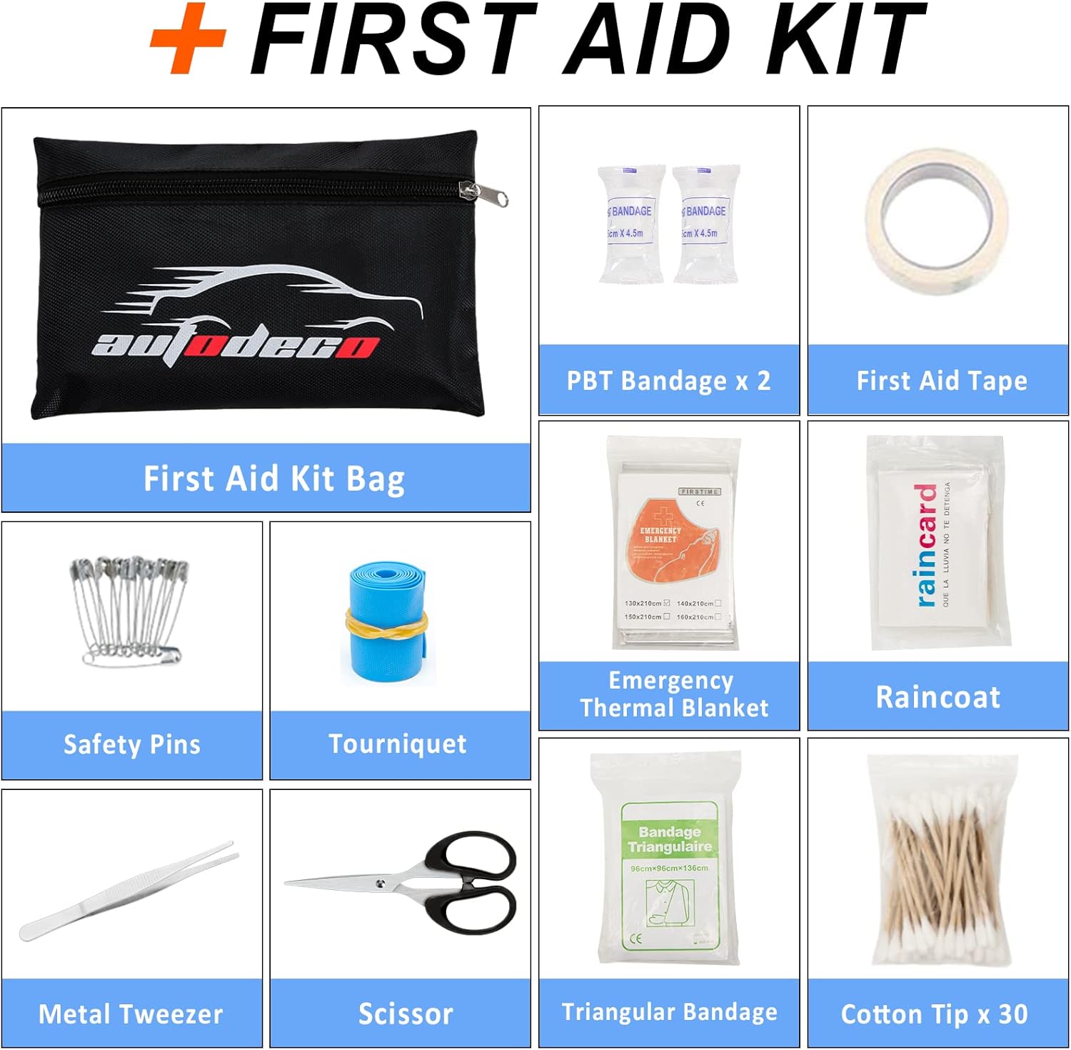 AUTODECO 98 PCS Roadside Car Emergency Assistance Kit with Portable Air Compressor Jumper Cables Safety Hammer All in One Pliers Tool Set（Orange）