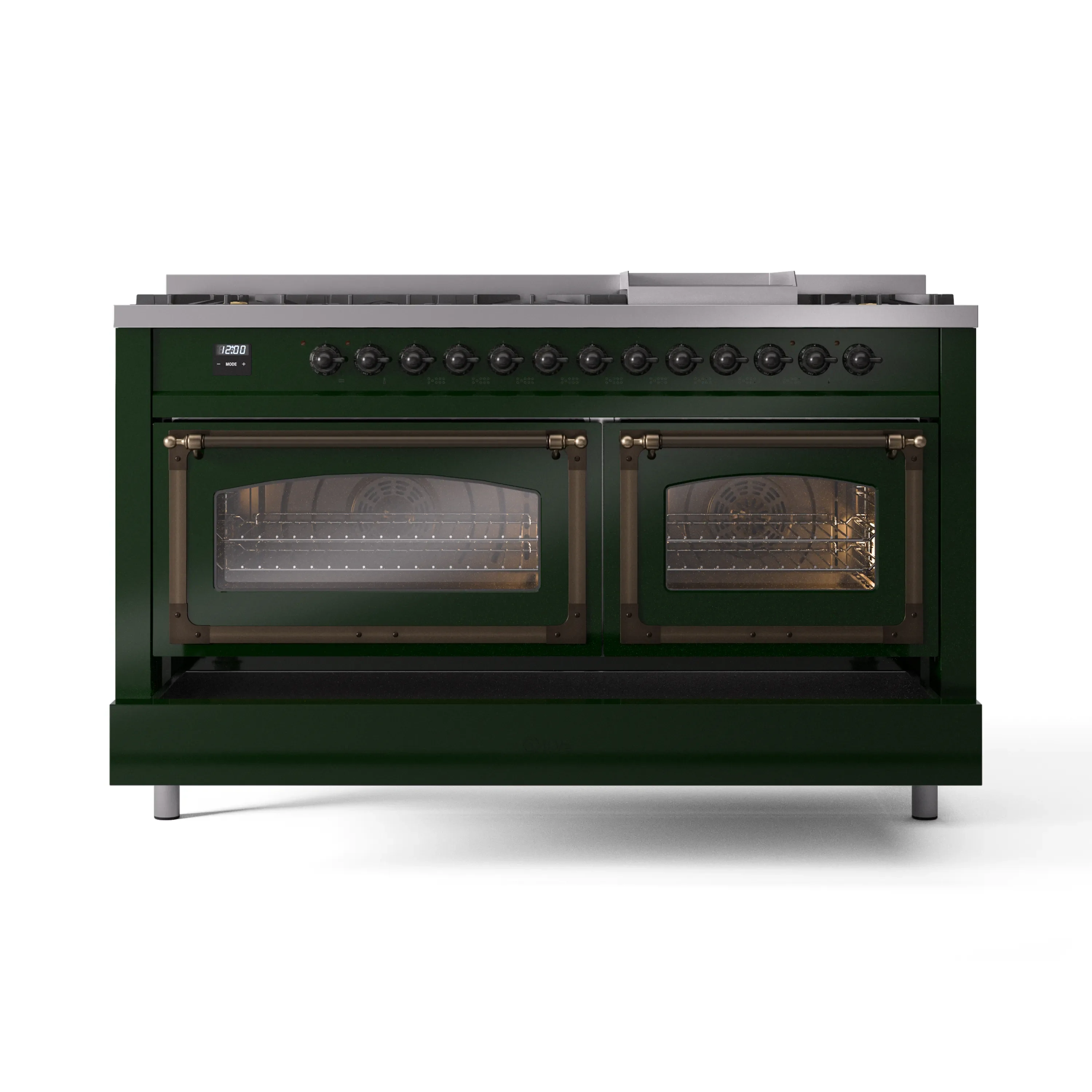 ILVE 60-Inch Nostalgie II Noblesse Dual Fuel Range with 9 Sealed Burners, Griddle, Triple Glass Door Oven in Emerald Green with Bronze Trim (UN60FNMPEGB)