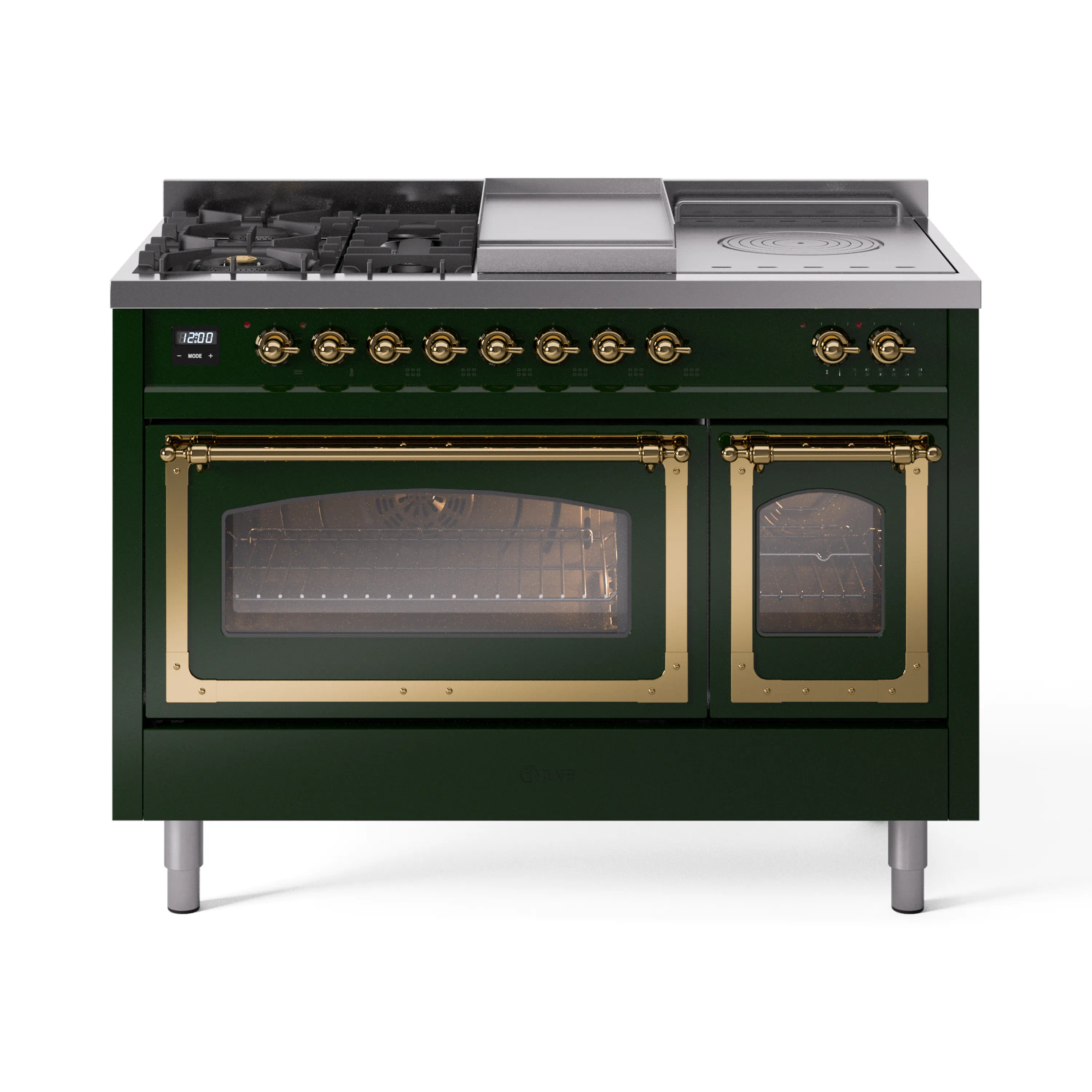 ILVE Nostalgie II Noblesse 48-Inch Dual Fuel Range with 5 Burners, Griddle, & French Top with Triple Glass Door Oven in Emerald Green with Brass Trim (UN48FSNMPEGG)