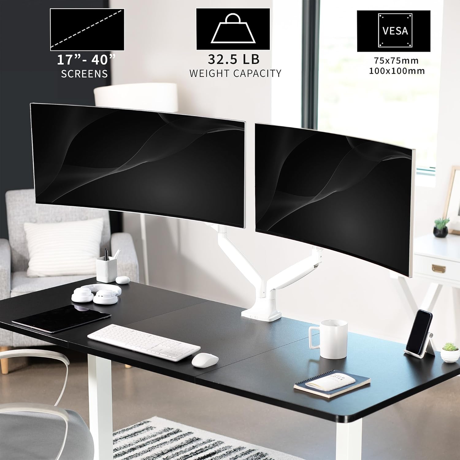 VIVO Premium Aluminum Heavy Duty Dual Monitor Arm for Ultrawide Monitors up to 40 inches and 32.5 lbs Each, Desk Mount Stand, Pneumatic Height, Max VESA 100x100, White, STAND-V202QW