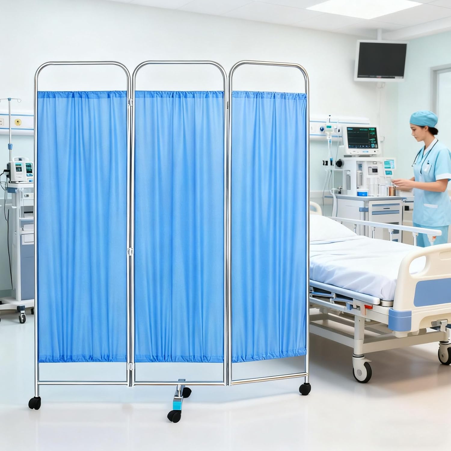 Portable Medical Room Divider Indoor Professional Privacy Stainless Steel Frame with Swivel Casters Foldable Design Suitable for Clinics and Beauty Salons 4 Panel