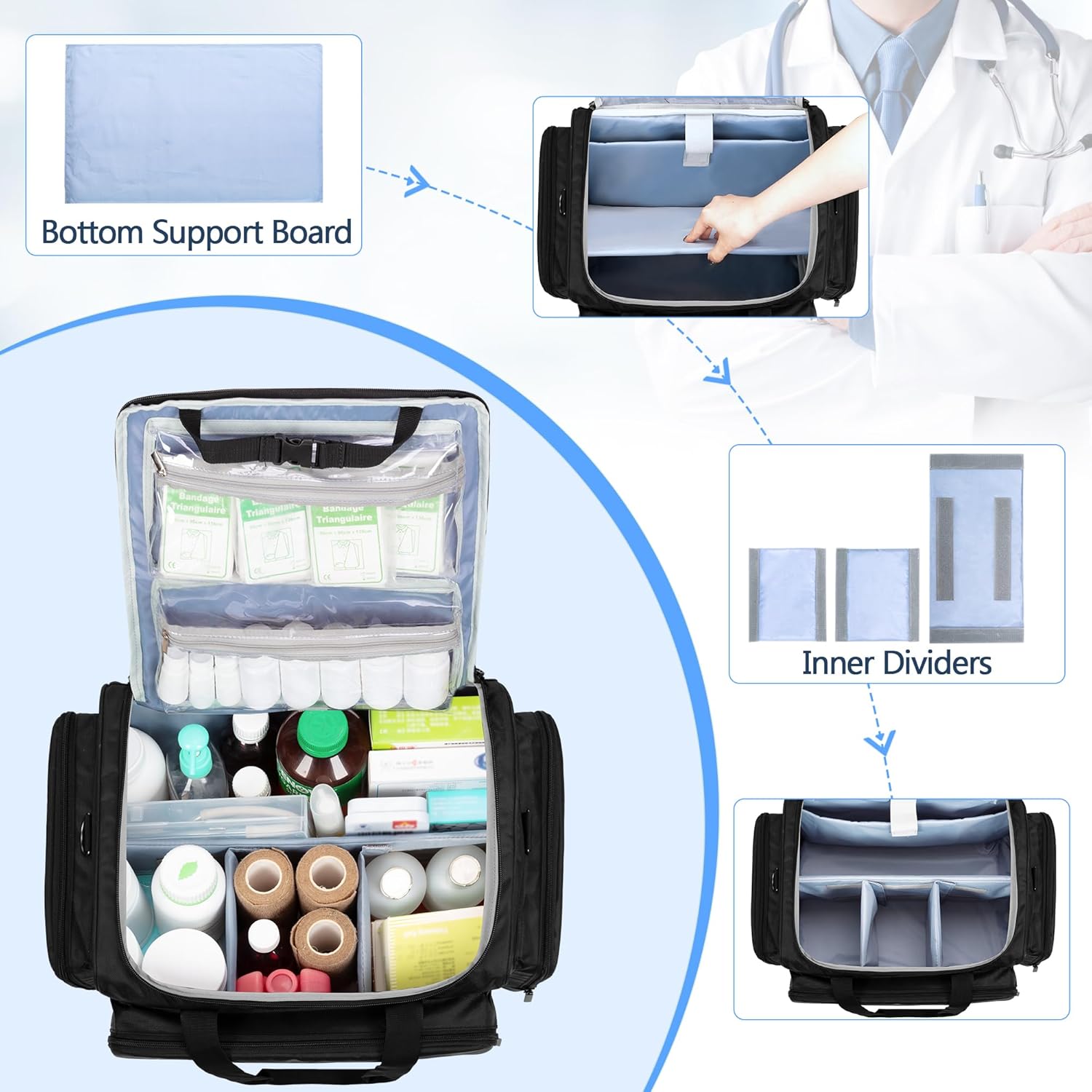 Damero Rolling Medical Bag with Detachable Trolley, Empty Emergency Response Supplies Bag with Removable Dividers, Medical Equipment Storage Bag for Home Health Nurses, Doctors, EMT, EMS, Black