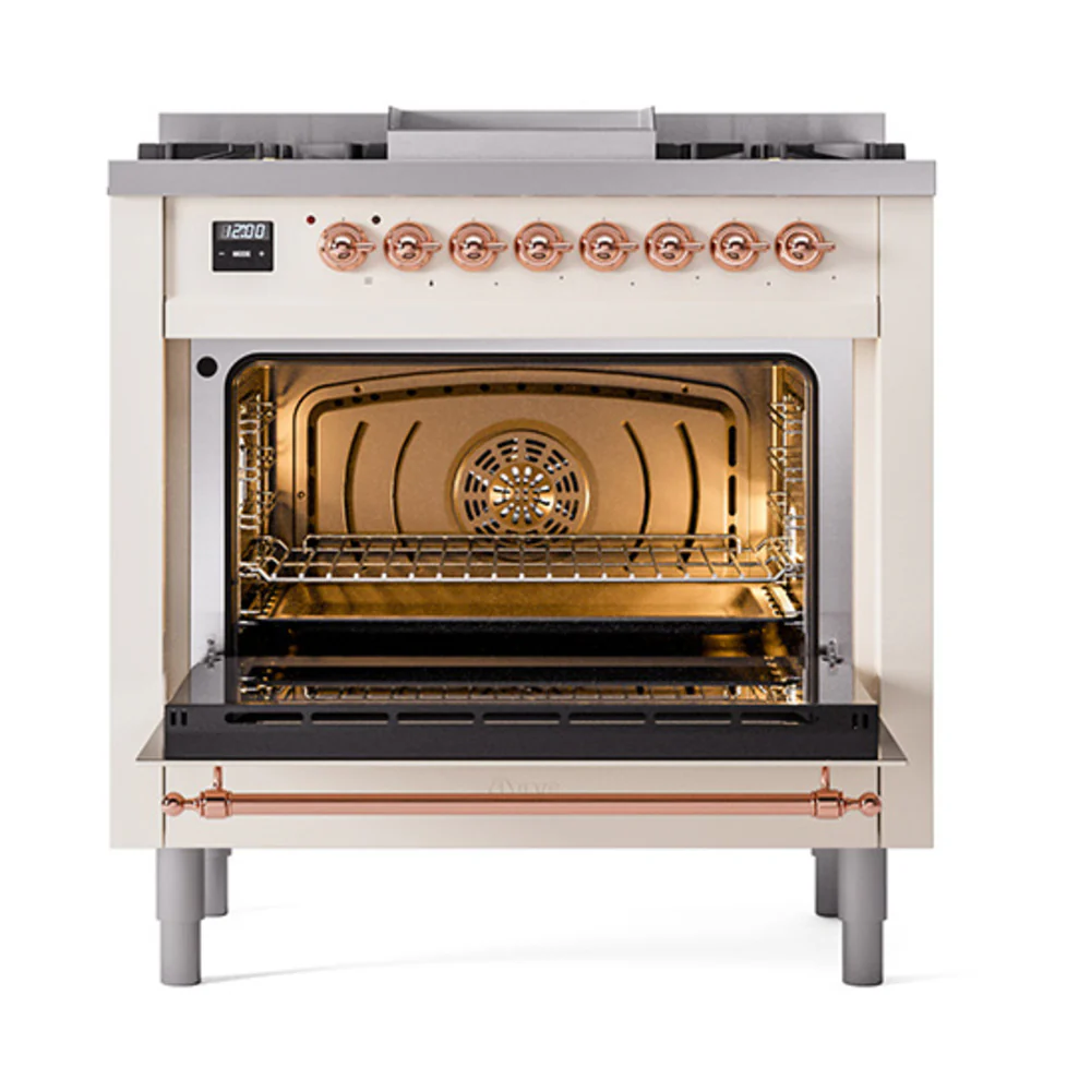 ILVE Nostalgie II Noblesse 36-Inch Dual Fuel Range and Solid Door Oven in Antique White with Copper Trim (UN36FQNMPAWP)