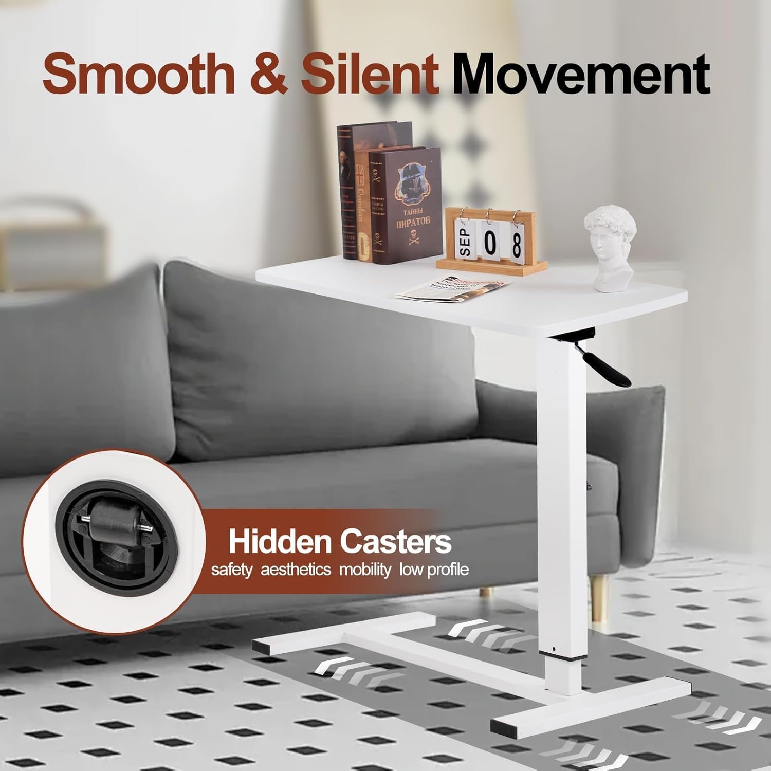 Adjustable Overbed Bedside Table with Hidden Casters, Pneumatic Mobile Laptop Computer Standing Desk, Medical Foldable Cart Movable Rolling Table for Hospital Home Use(32