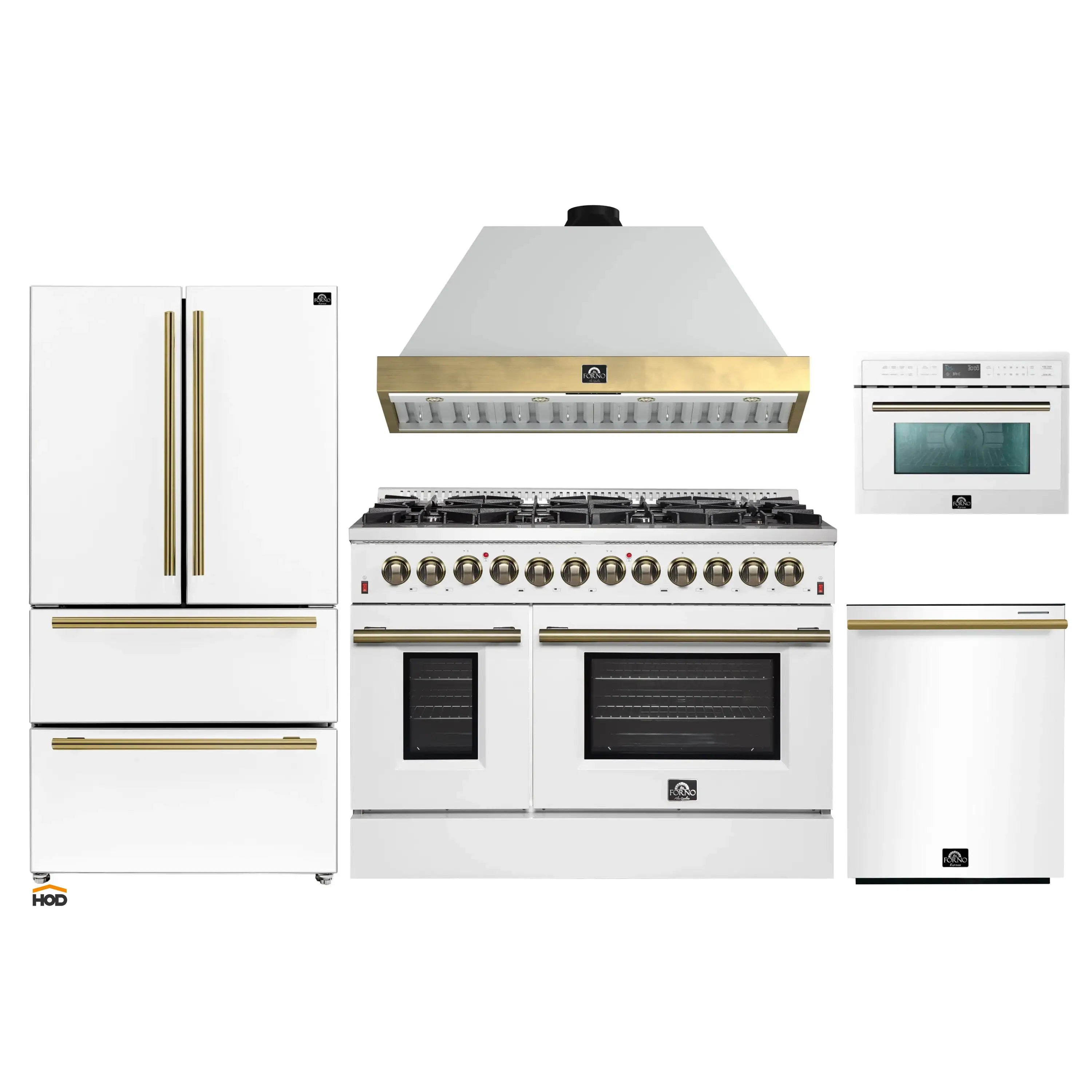 Forno Galiano 5-Piece Appliance Package - 48-Inch Dual Fuel Range, 48-Inch Hood, 36-Inch Refrigerator, 24-Inch Dishwasher, & 24-Inch Microwave Oven in White with Antique Brass Trim