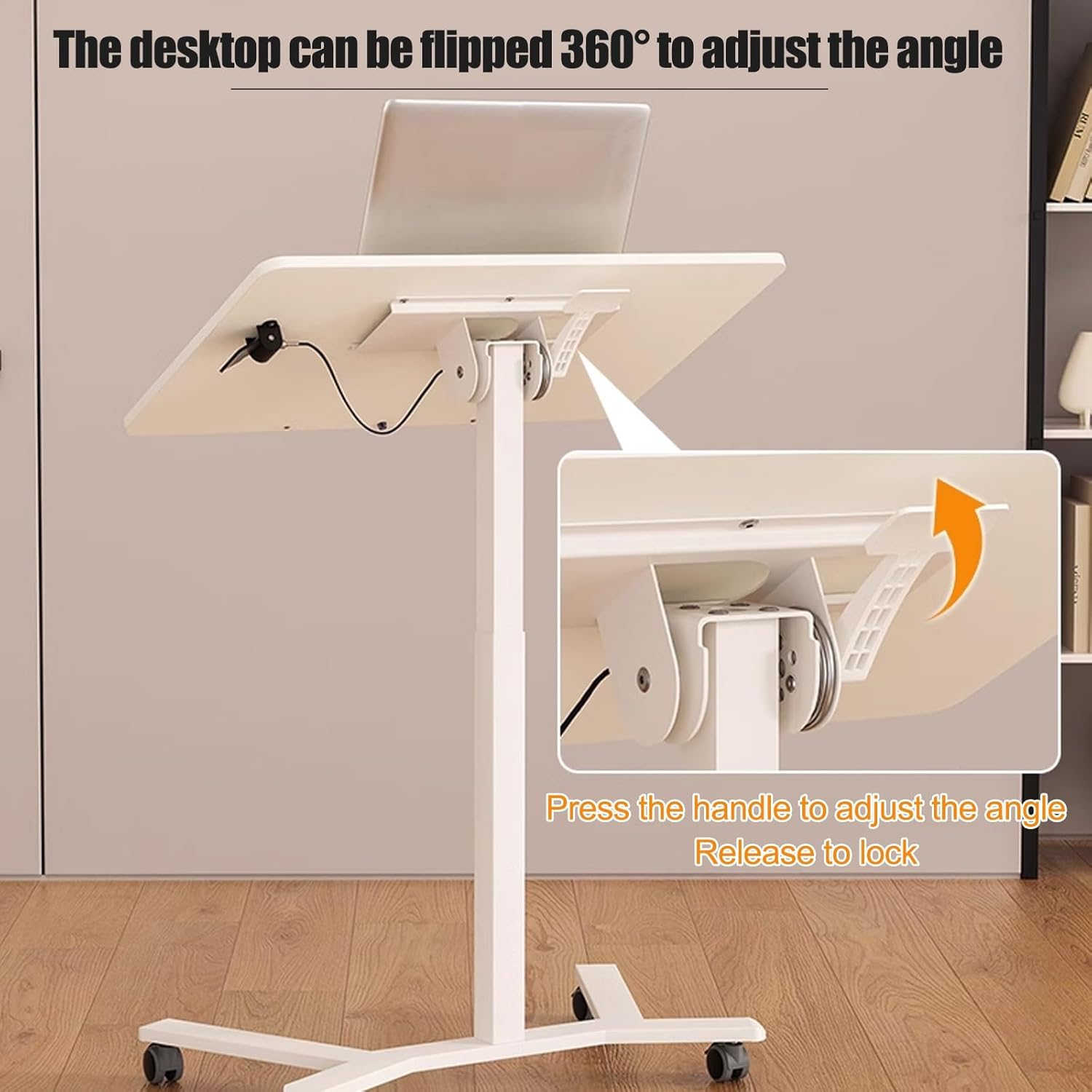 HARELA Adjustable Tilt Overbed Bedside Table with Wheels, Pneumatic Moveable Bed Desk Mobile Standing Stand Up Rolling Laptop Desks for Home Office Hospital Use