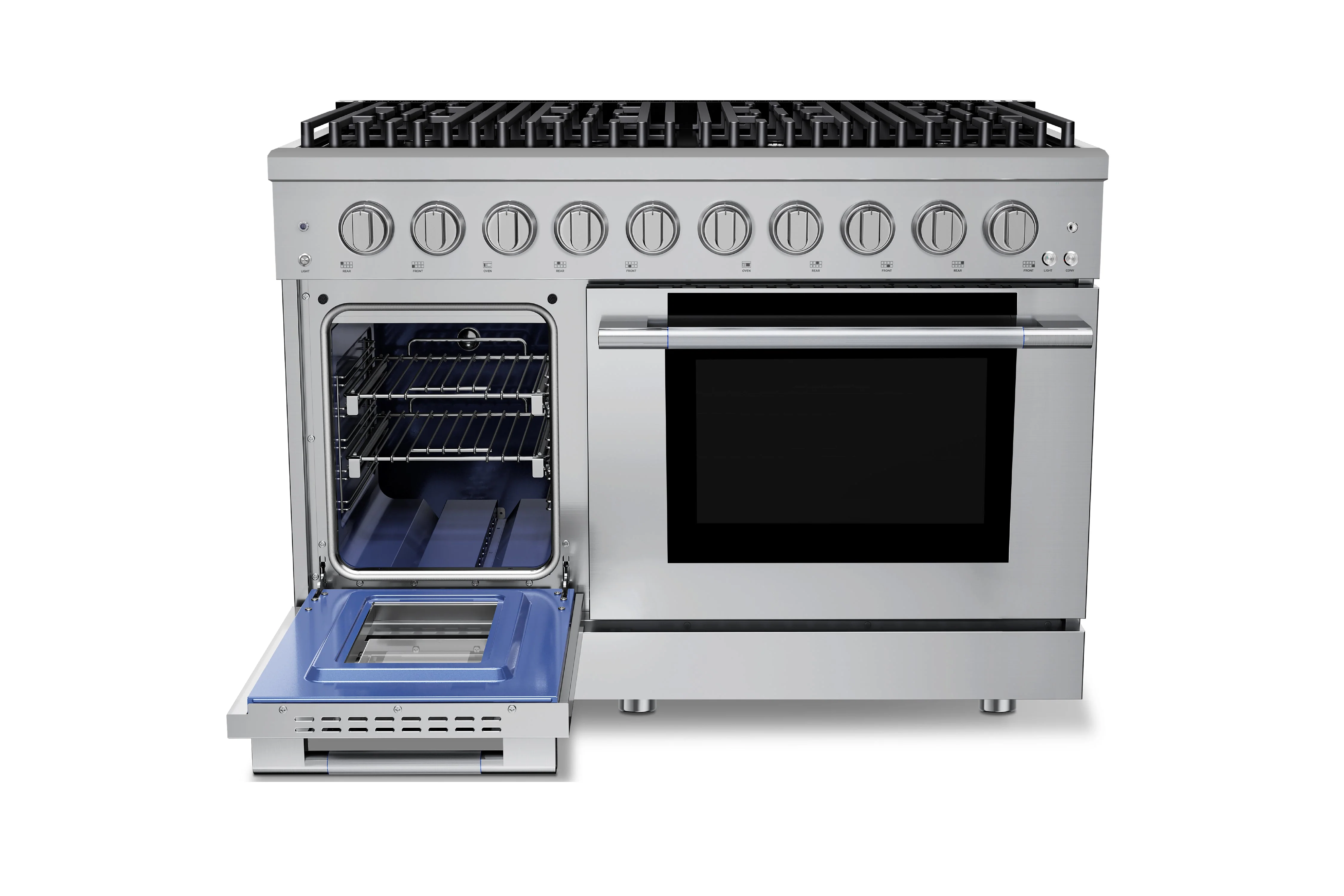 Hauslane HausPro Series 48-Inch Gas or Dual Fuel Range with 8 Burners and Convection Oven in Stainless Steel