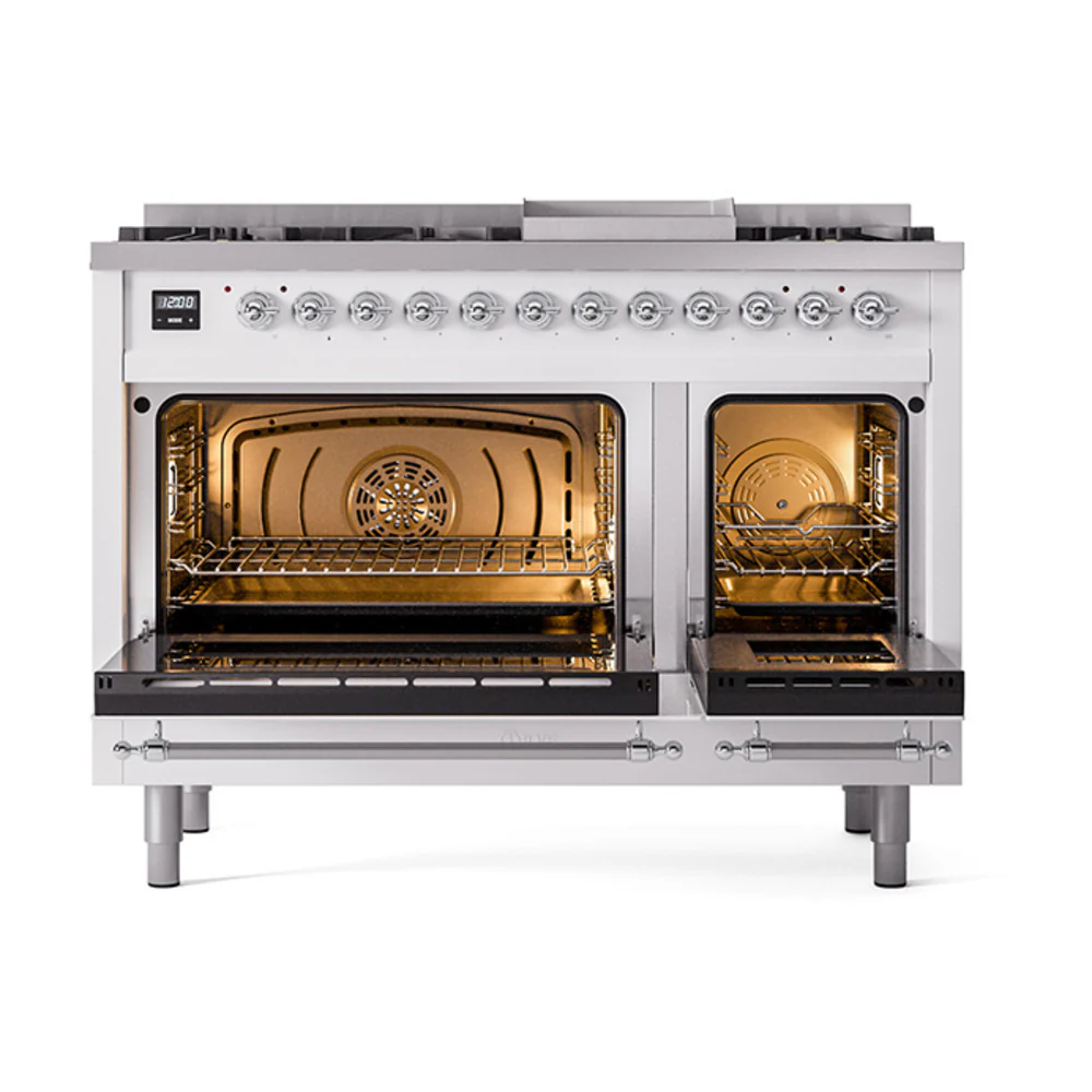 ILVE 48-Inch Nostalgie II Dual Fuel Range with 8 Burners, Griddle, and Solid Door Oven in Custom RAL with Chrome Trim (UP48FQNMPRAC)