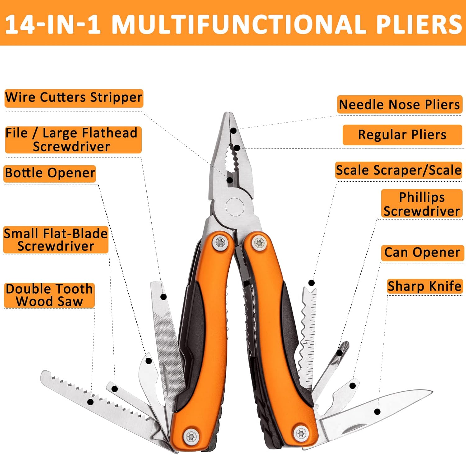 AUTODECO 98 PCS Roadside Car Emergency Assistance Kit with Portable Air Compressor Jumper Cables Safety Hammer All in One Pliers Tool Set（Orange）