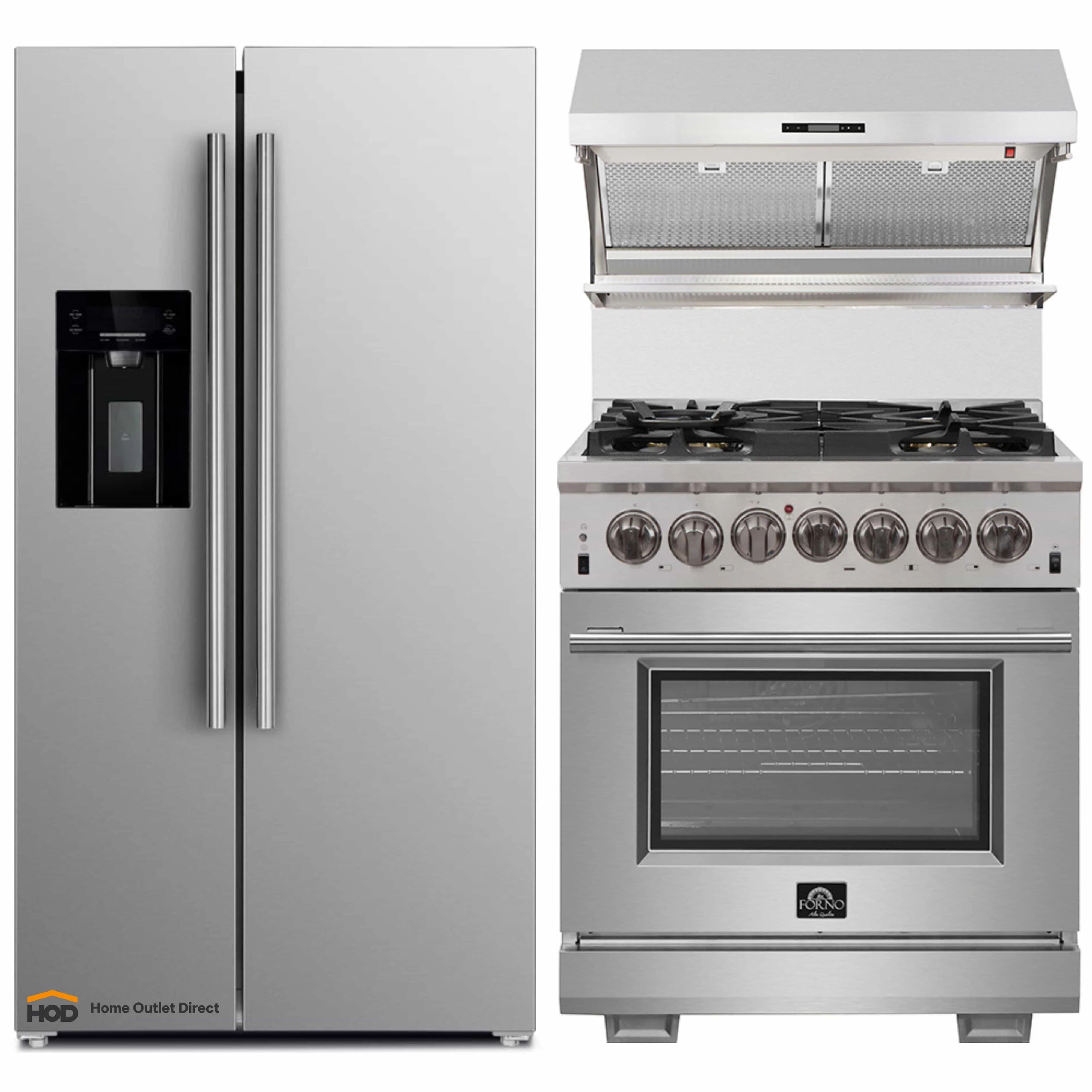 Forno 3-Piece Pro Appliance Package - 30-Inch Dual Fuel Range, Refrigerator with Water Dispenser,& Wall Mount Hood with Backsplash in Stainless Steel