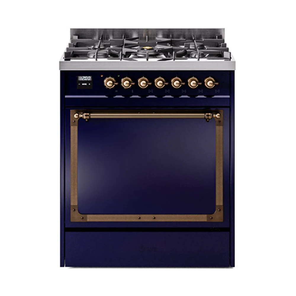 ILVE Nostalgie II Noblesse 30-Inch Dual Fuel Range with Solid Door in Midnight Blue with Bronze Trim (UN30QNMPMBB)