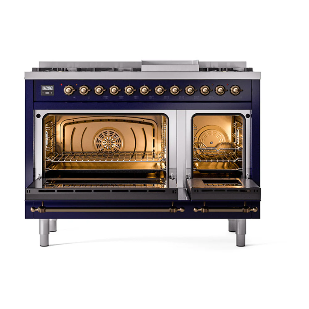 ILVE Nostalgie II Noblesse 48-Inch Dual Fuel Freestanding Range with Solid Door Oven in Midnight Blue with Bronze Trim (UN48FQNMPMBB)