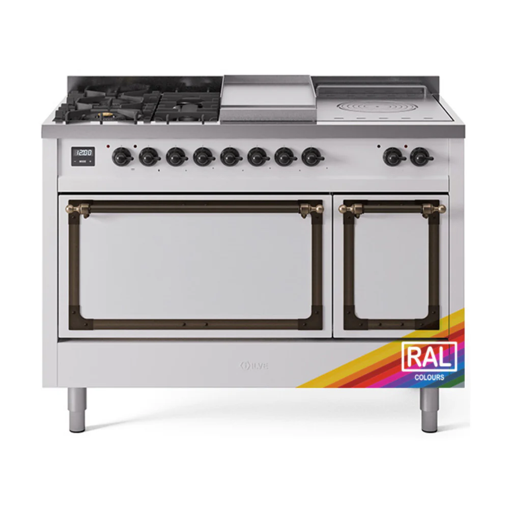 ILVE 48-Inch Nostalgie II Noblesse Dual Fuel Range with 5 Sealed Burners, Griddle, French Top and Solid Door Oven in Custom RAL with Bronze Trim (UN48FSQNMPRAB)