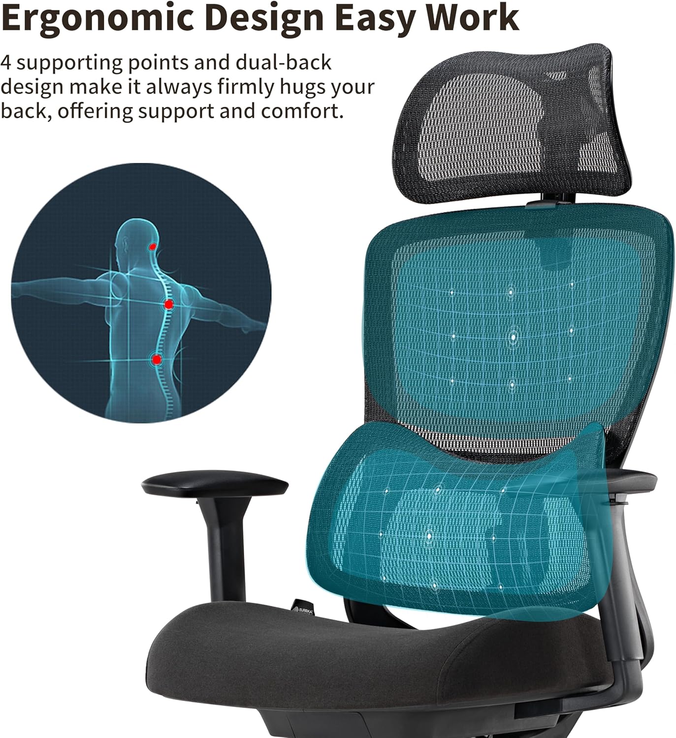 EUREKA ERGONOMIC Office Chair Mesh with Wheels, Ergonomic Chair with Lumbar Support, Home Office Desk Chair with Adjustable Seat Depth, 3D Armrest & Headrest, Black