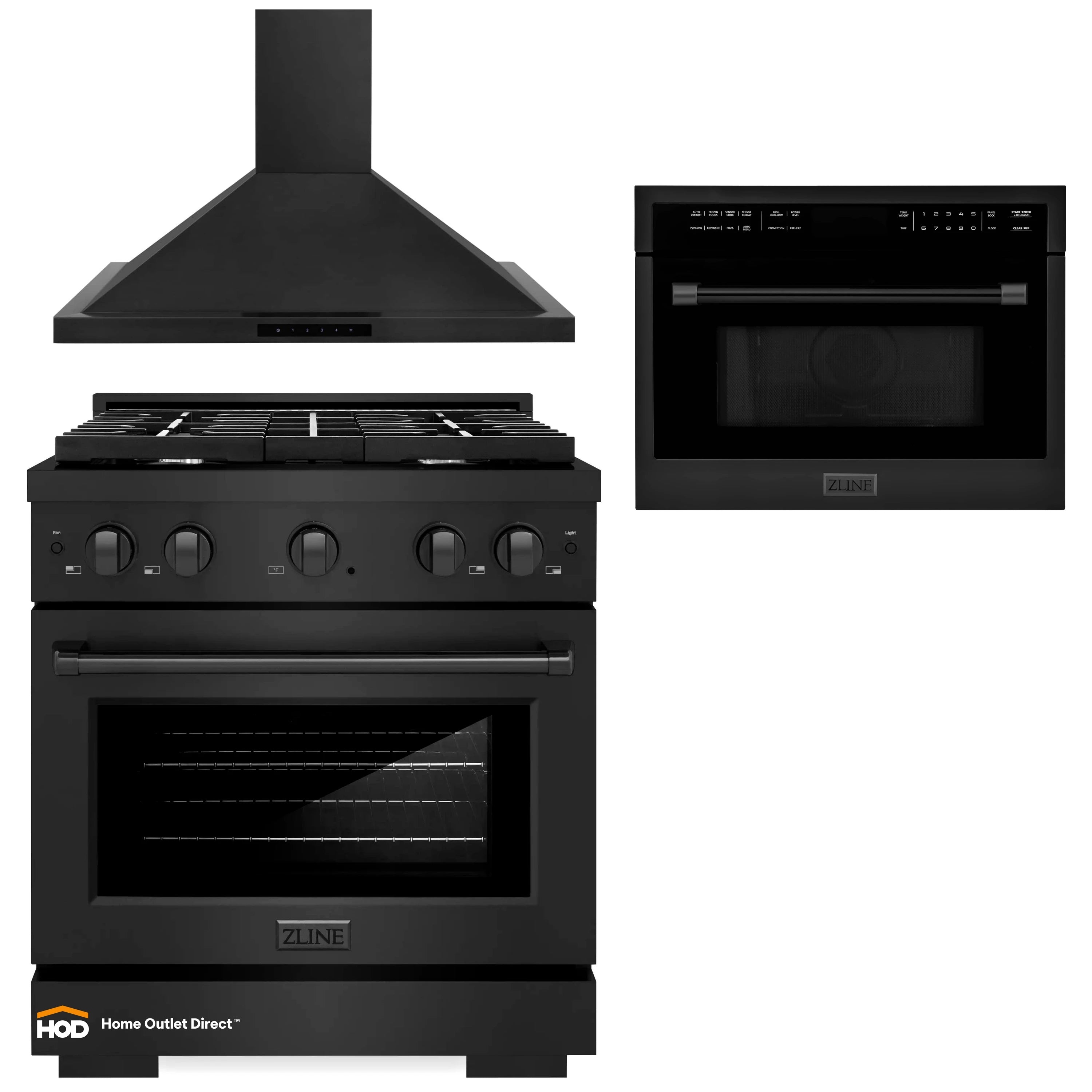 ZLINE 3-Piece Appliance Package - 30-Inch Gas Range, 24-Inch Microwave Oven & Convertible Wall Mount Hood in Black Stainless Steel (3KP-SGRBRHMWO-30)