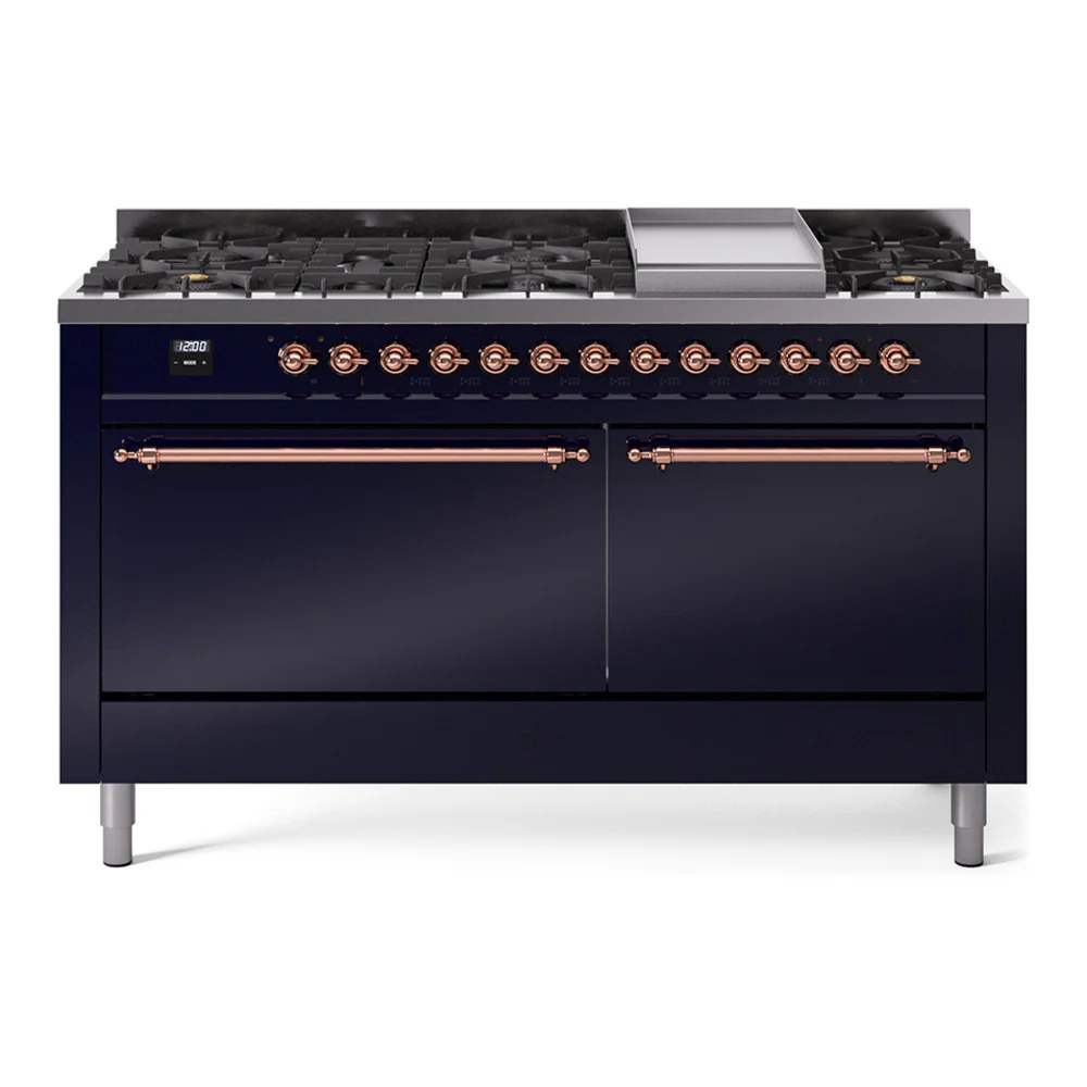 ILVE 60-Inch Nostalgie II Dual Fuel Range with 9 Burners, Griddle, and Solid Door Oven in Midnight Blue with Copper Trim (UP60FQNMPMBP)