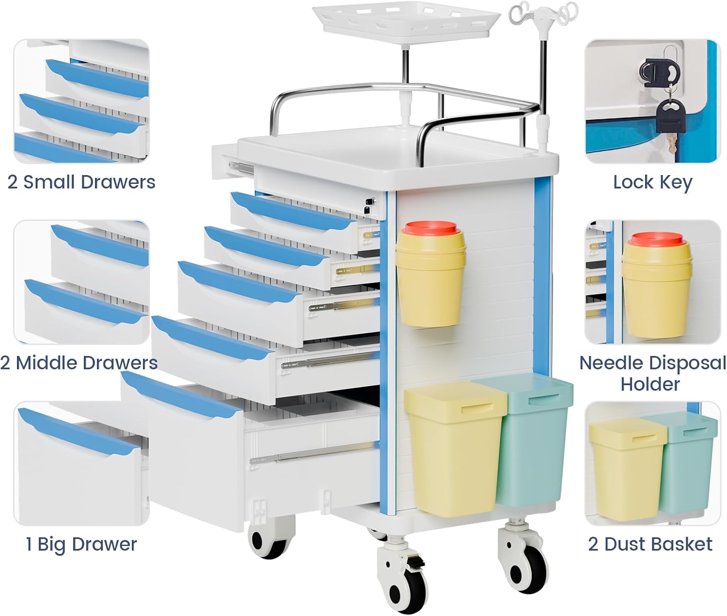 Medical Crash Cart with Emergency Accessory-CPR Board, IV Pole, O2 Holder, Trash Bin, 5 Drawers Nursing Cart with Dividers for Hospital, Clinic, Lab