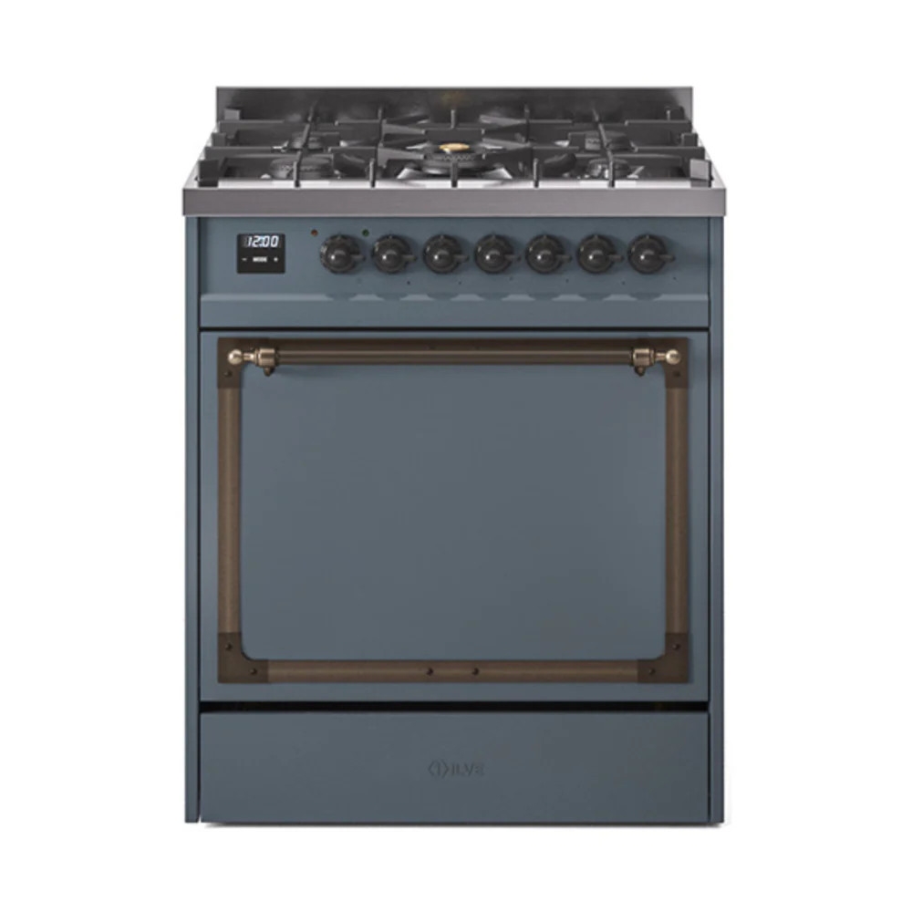 ILVE Nostalgie II Noblesse 30-Inch Dual Fuel Range with Solid Door in Blue Grey with Bronze Trim (UN30QNMPBGB)