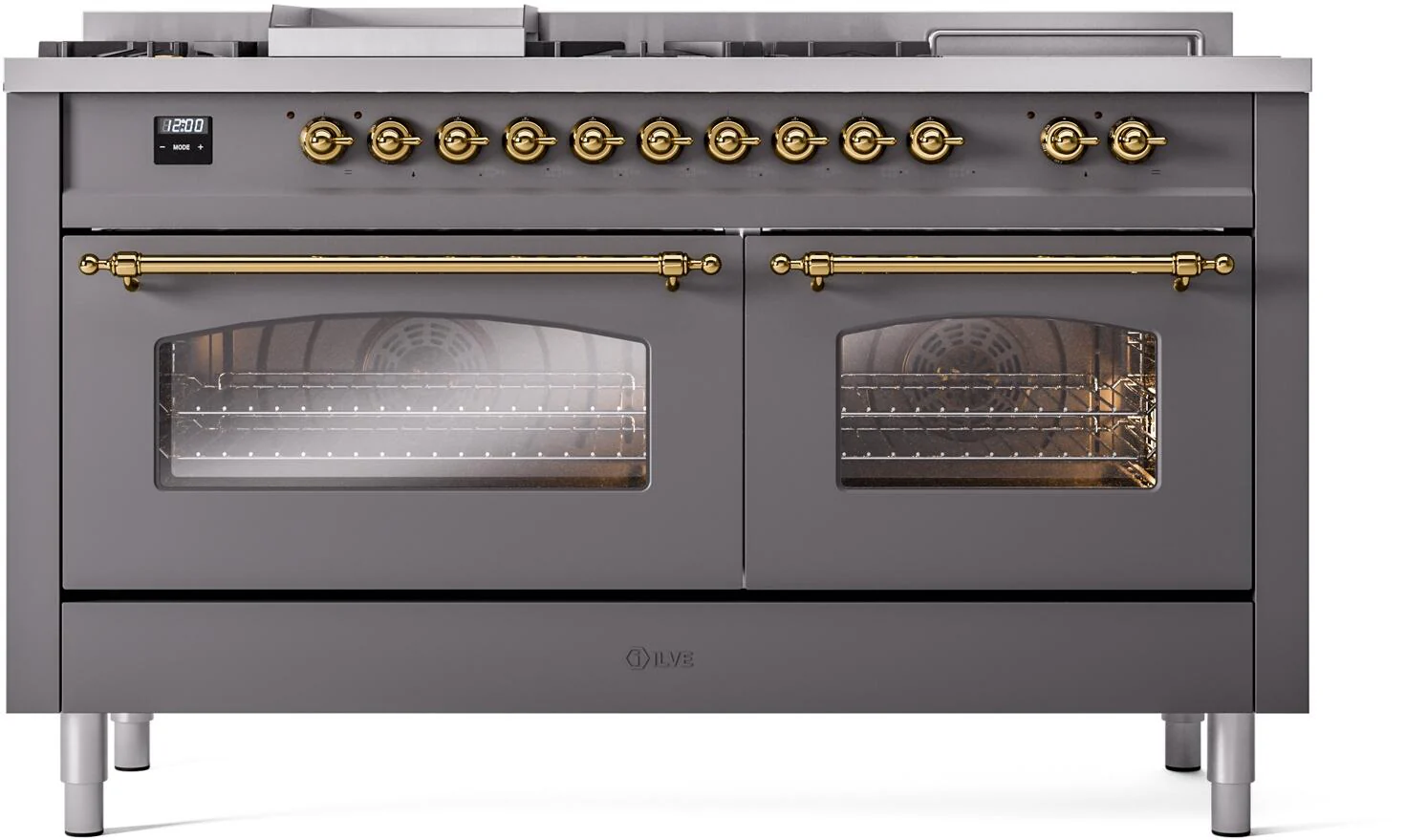 ILVE Nostalgie II 60-Inch Dual Fuel Range with 7 Burners, Griddle, & French Top with Triple Glass Door Oven in Matte Graphite with Brass Trim (UP60FSNMPMGG)