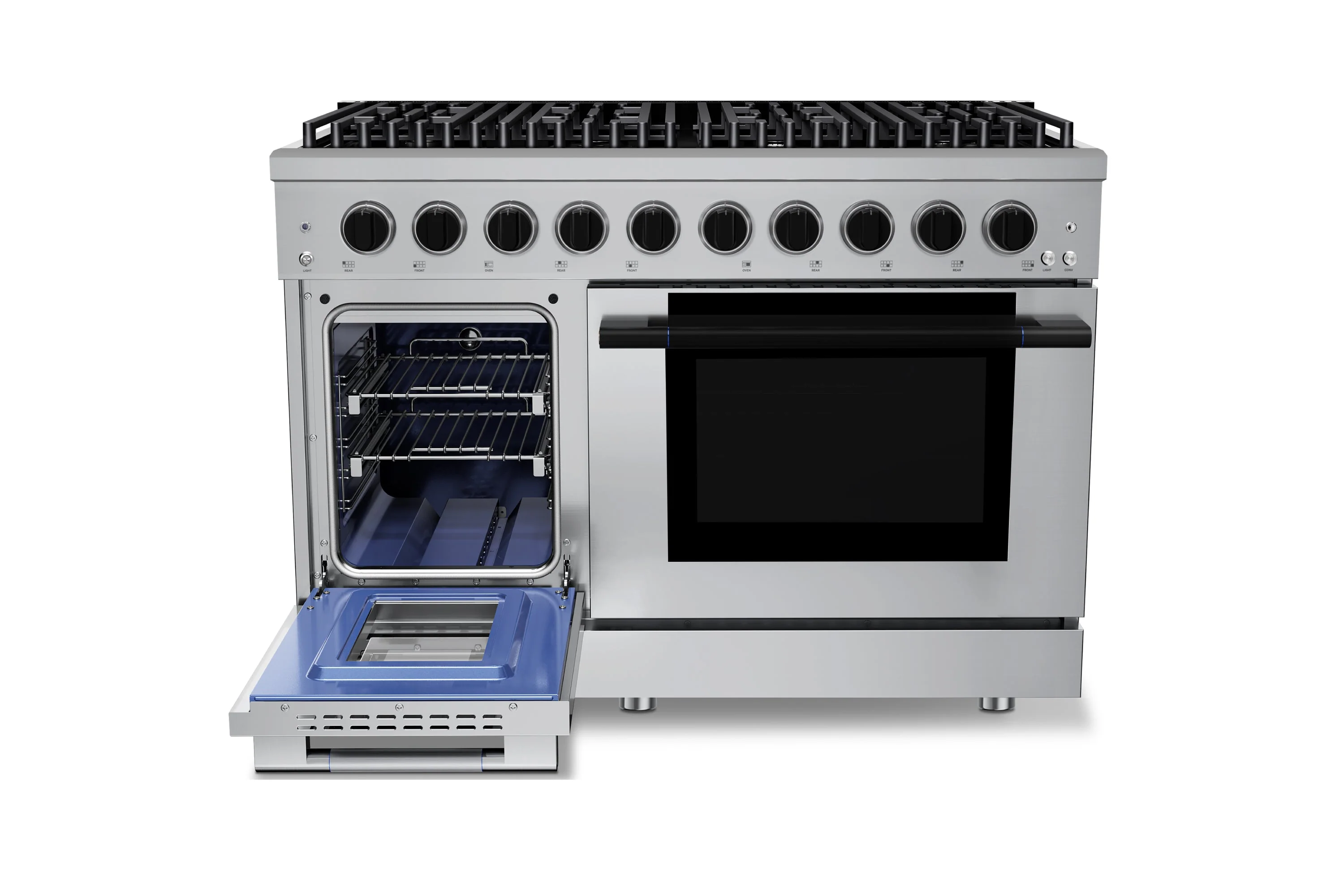 Hauslane HausPro Series 48-Inch Gas or Dual Fuel Range with 8 Burners and Convection Oven in Stainless Steel
