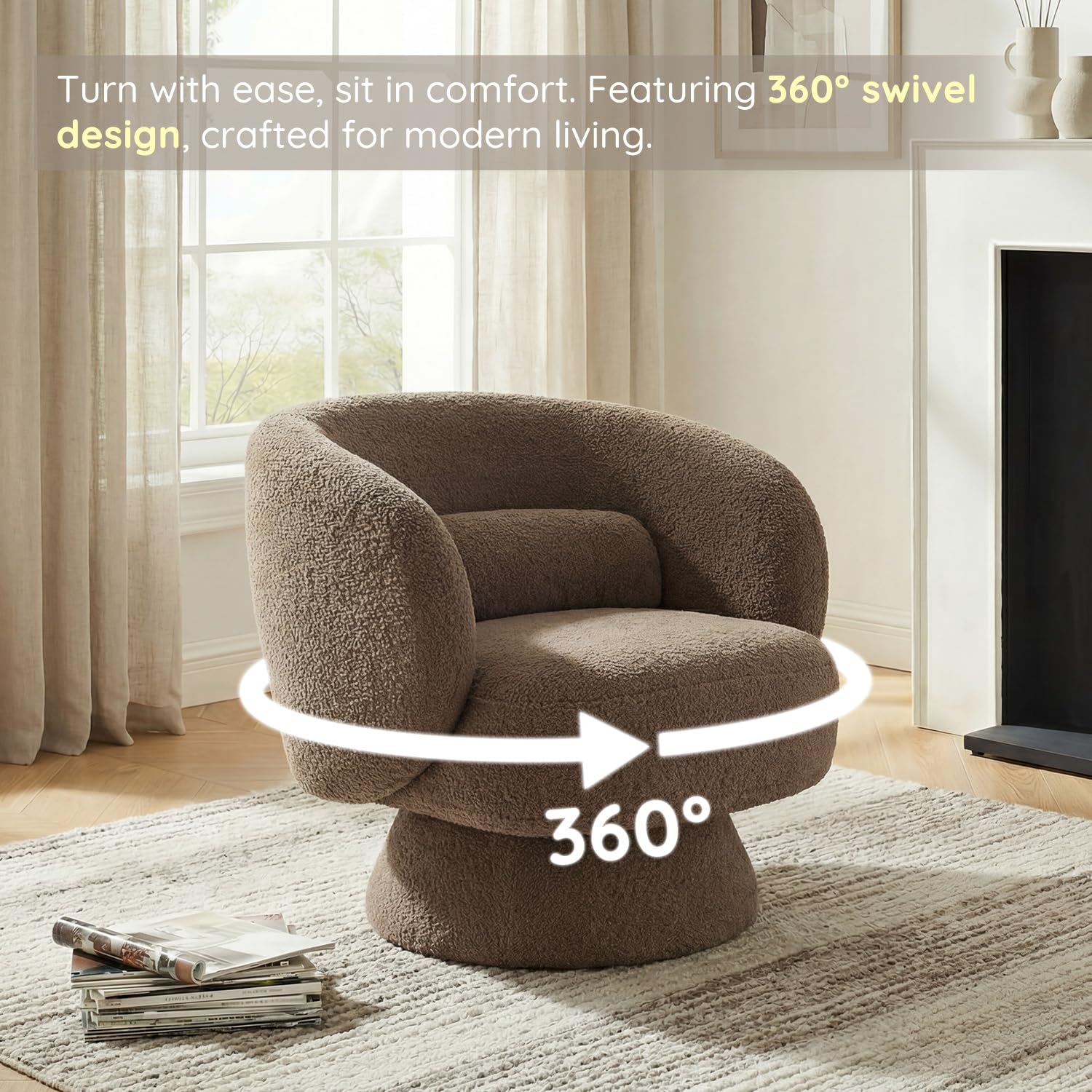 Swivel Accent Chair, Modern 360 Degree Swivel Barrel Chair with Arms & Curved Back and Lumbar Support Cushion, Comfy Round Single Boucle Sofa for Small Space, Living Room, Bedroom, Brown