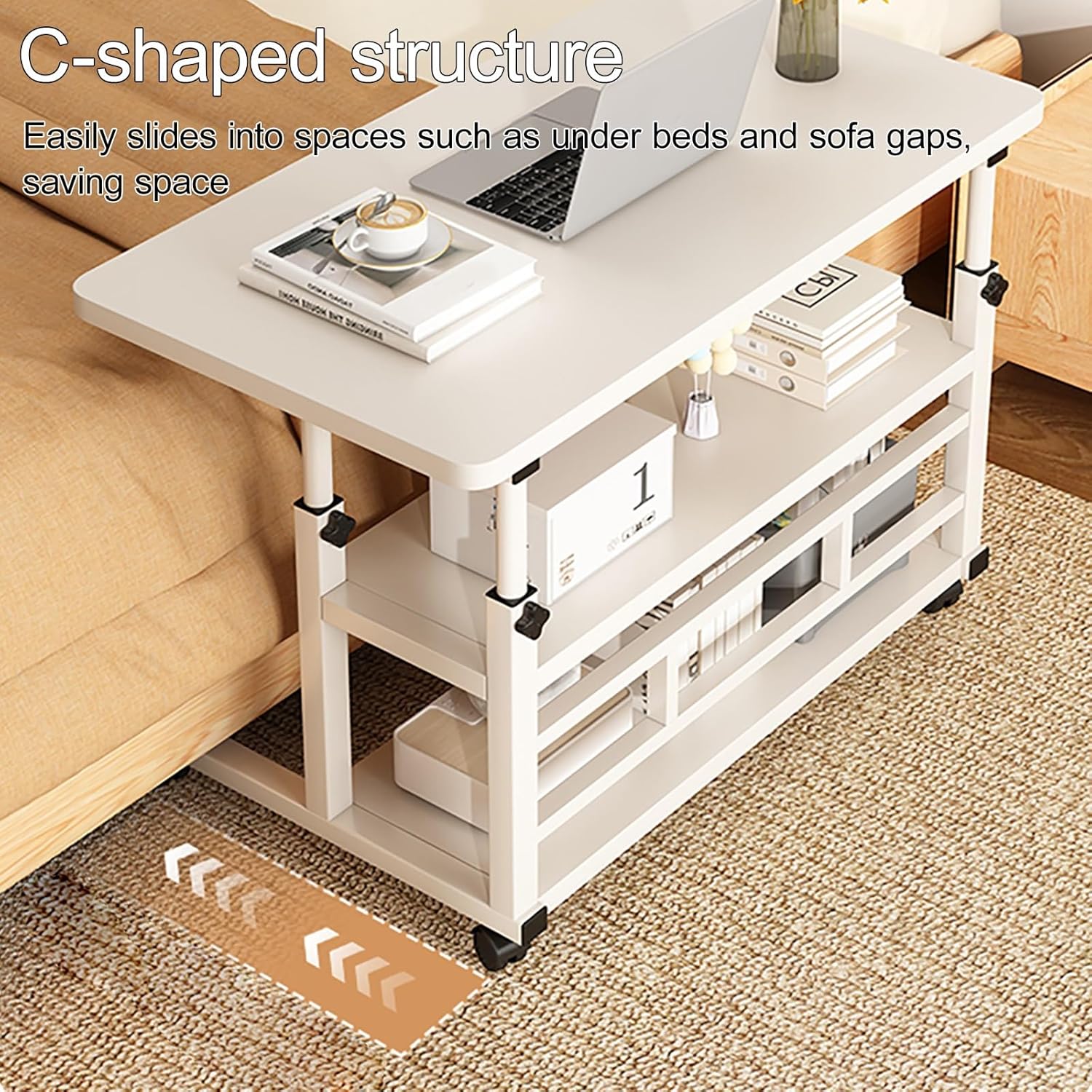 Medical Overbed Bedside Table with Two Shelves and Wheels (Hospital and Home Use), Height Adjustable Bed Table, Small Computer Cart for Couch, Office(Wood Color,60 * 40cm/24 * 16in)