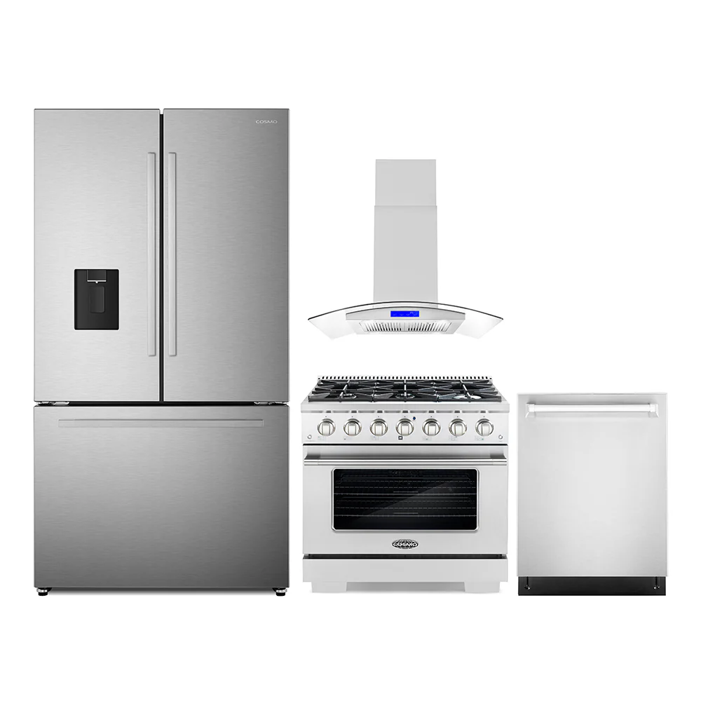 Cosmo 4-Piece Appliance Package - 36-Inch Gas Range, Island Mount Range Hood, Dishwasher and Refrigerator with Water Dispenser in Stainless Steel (COS-4PKG-663)