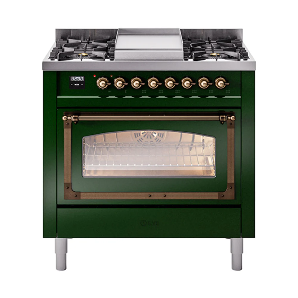 ILVE Nostalgie II Noblesse 36-Inch Dual Fuel Range and Triple Glass Door in Emerald Green with Bronze Trim (UN36FNMPEGB)