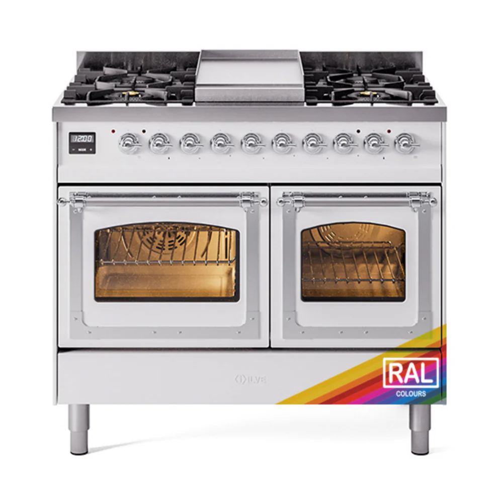 ILVE 40-Inch Nostalgie II Noblesse Dual Fuel Range with Triple Glass Door Oven in Custom RAL with Chrome Trim (UND40FNMPRAC)