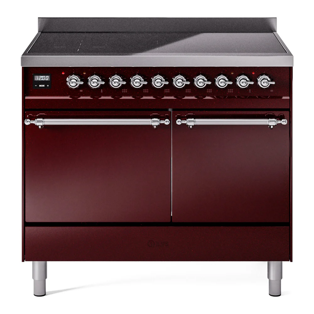 ILVE 40-Inch Nostalgie II Induction Range with Solid Door Oven in Burgundy with Chrome Trim (UPDI406QNMPBUC)
