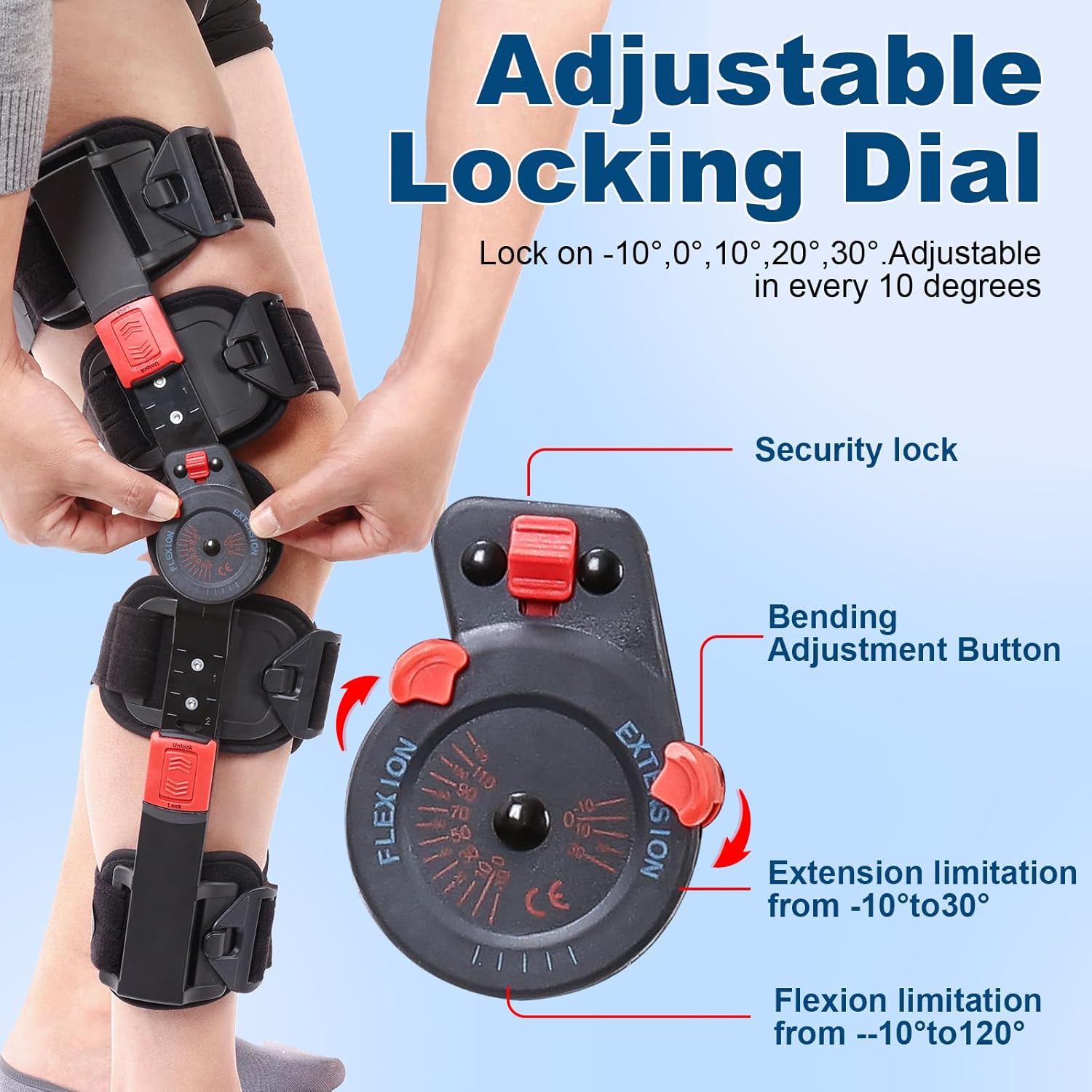 Hinged ROM Knee Brace with Side Stabilizers, Adjustable Post Op Knee Support Orthosis Immobilizer for ACL, PCL and MCL Injury, Medical Knee Orthopedic Support, Leg Stabilizer for Left or Right Leg, Men and Women (Red)