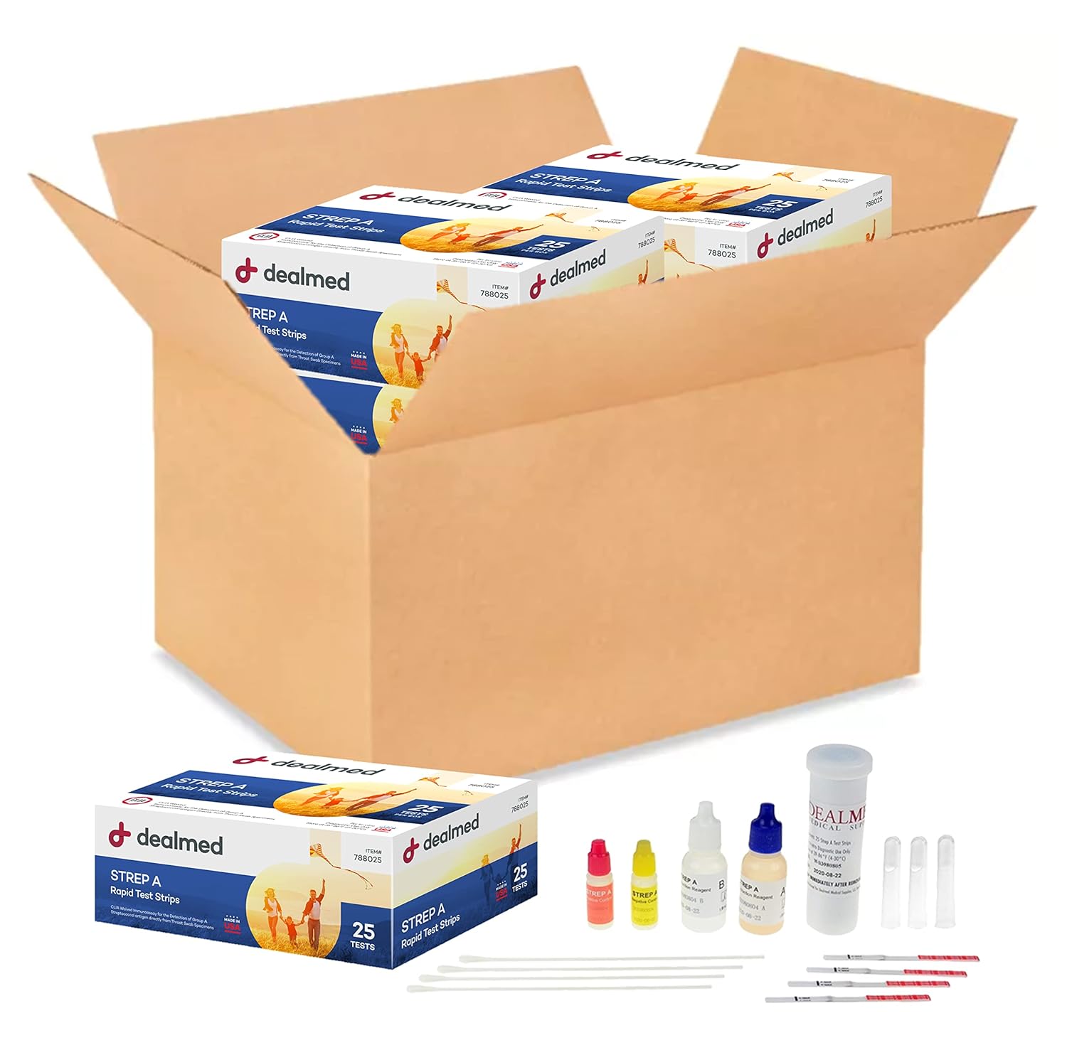 Dealmed Rapid Strep A Test Kit - CLIA-Waived, Made in USA, 25 Tests/Box, Case of 42