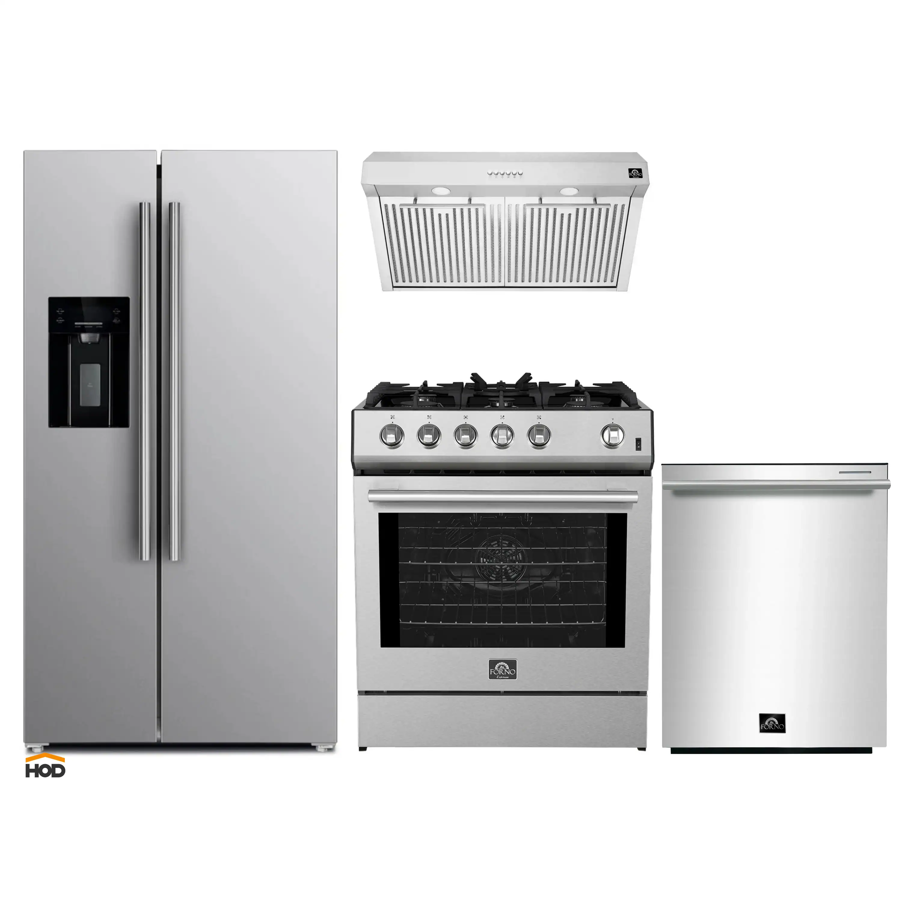 Forno 4-Piece Appliance Package - 30-Inch Gas Range, Under Cabinet Range Hood, Refrigerator with Water Dispenser, and Dishwasher in Stainless Steel