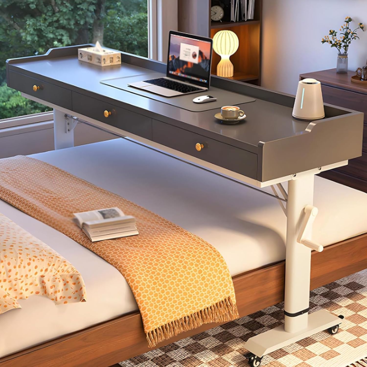 Adjustable Height Overbed Table with Wheels and Hand Crank, Mobile Laptop Cart with Large Capacity Storage, Over Bed Desk Fits Twin/Full/Queen/King Beds(Gray+White,180cm/70.8in)