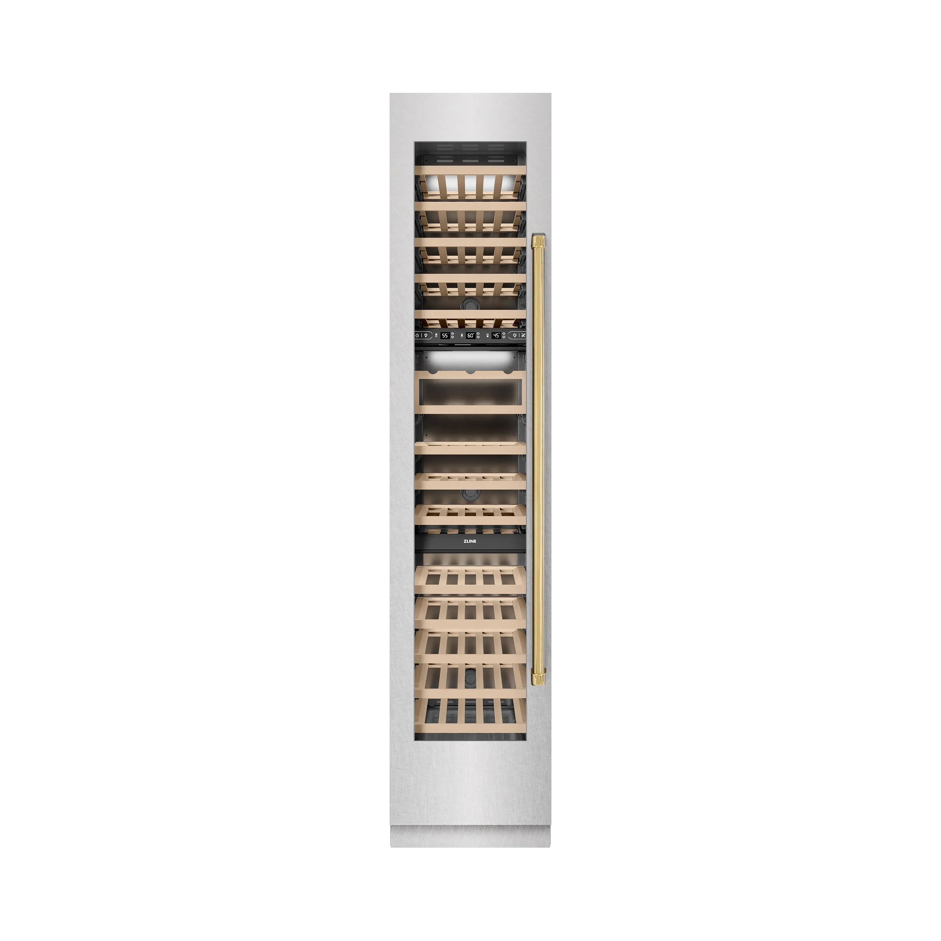 ZLINE Autograph Edition 18-Inch 9.0 Cu. Ft. Triple Zone 68 Bottle Left Hinge Column Wine Cooler in Satin Stainless Steel with Polished Gold Accents (RCWVLZ-SN-18-G)