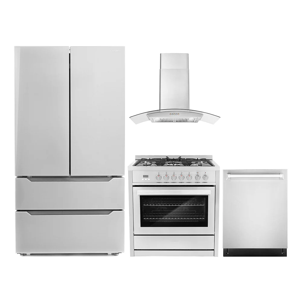 Cosmo 4-Piece Appliance Package - 36-Inch Dual Fuel Range, Wall Mount Range Hood Hood, Dishwasher and Refrigerator in Stainless Steel (COS-4PKG-072)