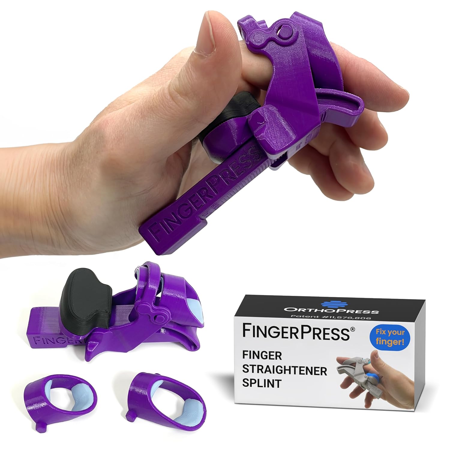 Finger Straightener | PIP Extension Orthosis/Splint For Bent Fingers, PIP Flexion Contractures | Adjustable Joint Stretcher Device | Made in USA | Purple/Small