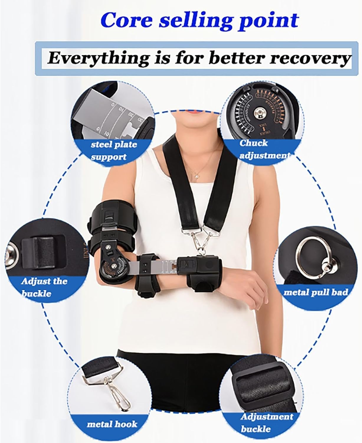 Adjustable Telescoping Hinged Elbow Brace Arm Splint, Post OP ROM Elbow Brace with Sling Stabilizer Splint, Surgery Injury Recovery Pain Relief Men & Women,Left