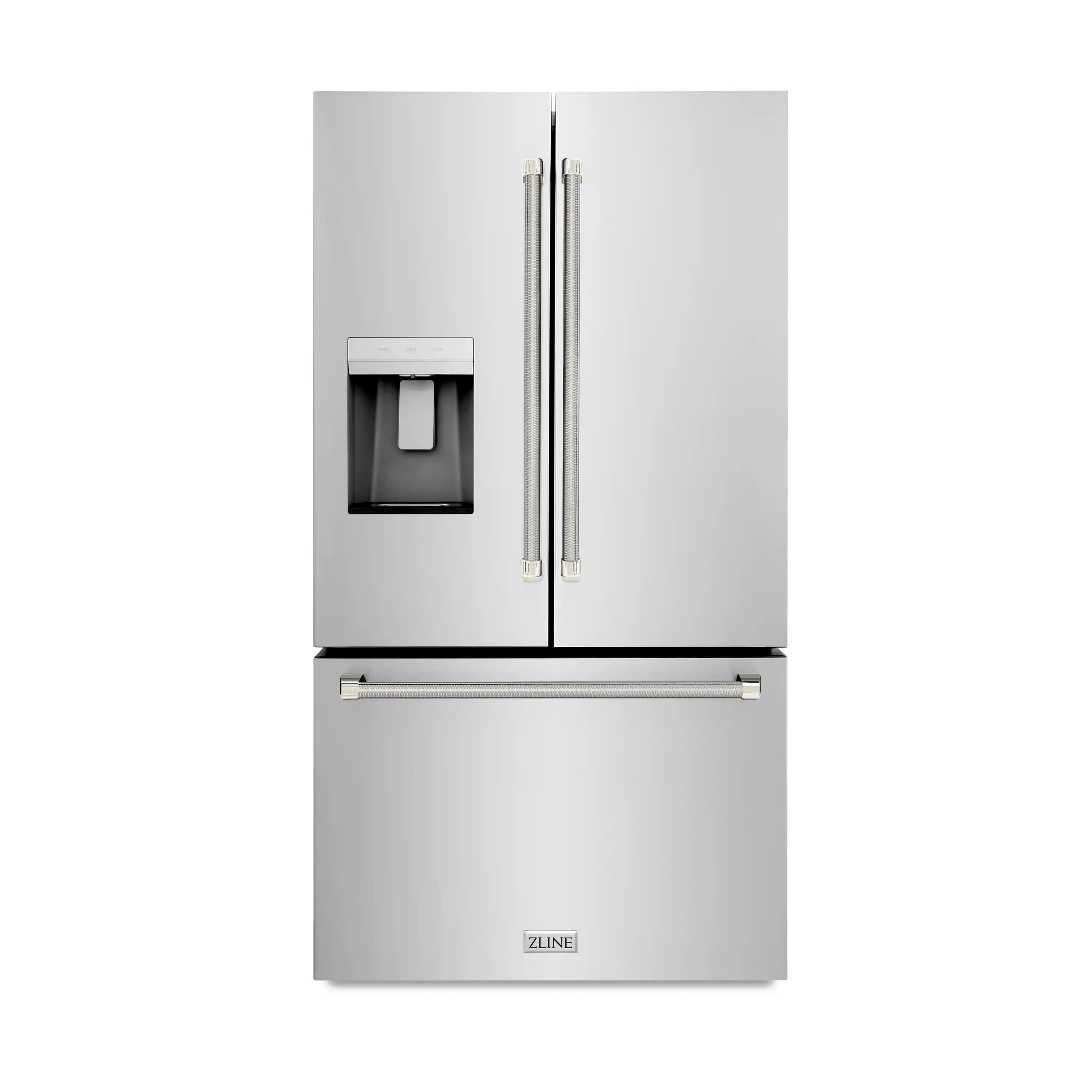 ZLINE Autograph 36-Inch Standard-Depth French Door Refrigerator with External Water Dispenser & Dual Ice Maker in Stainless Steel with Nickel Helix Handles (RSMZ-W-36-KPN)