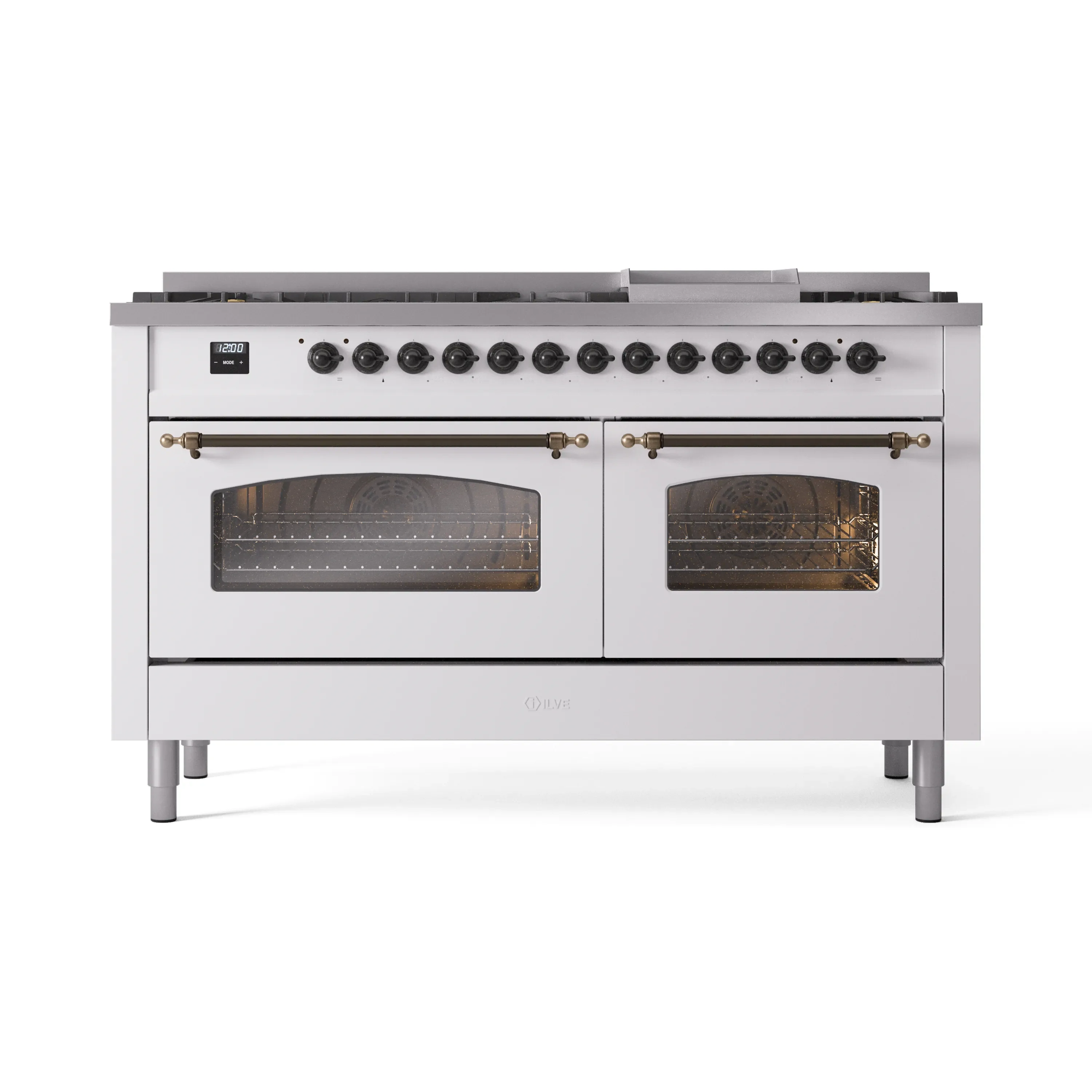 ILVE 60-Inch Nostalgie II Dual Fuel Range with 9 Burners, Griddle and Triple Glass Door Oven in White with Bronze Trim (UP60FNMPWHB)