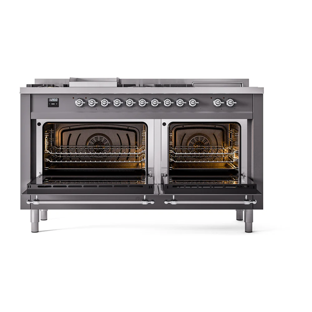 ILVE 60-Inch Nostalgie II Noblesse Dual Fuel Range with 7 Sealed Burners, Gridlde, French Top, and Solid Door Oven in Matte Graphite with Chrome Trim (UN60FSQNMPMGC)
