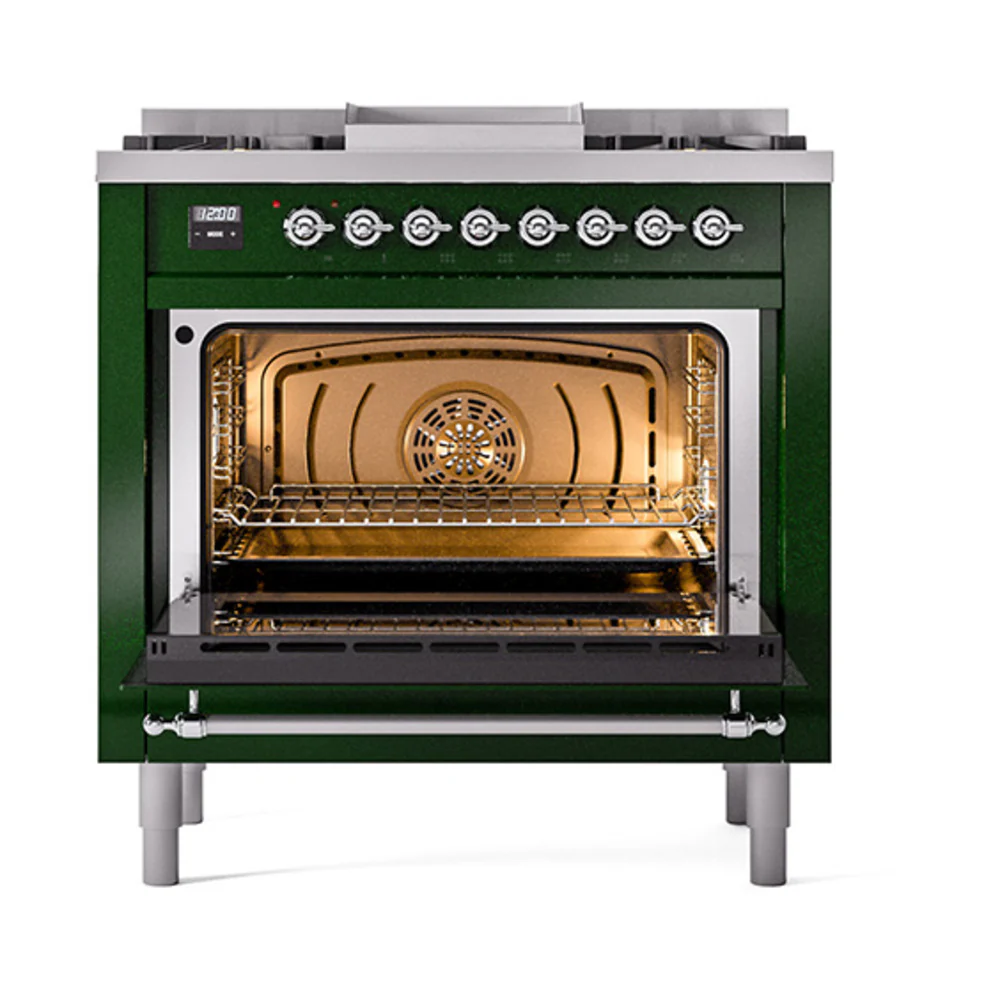 ILVE Nostalgie II Noblesse 36-Inch Dual Fuel Range and Solid Door Oven in Emerald Green with Chrome Trim (UN36FQNMPEGC)