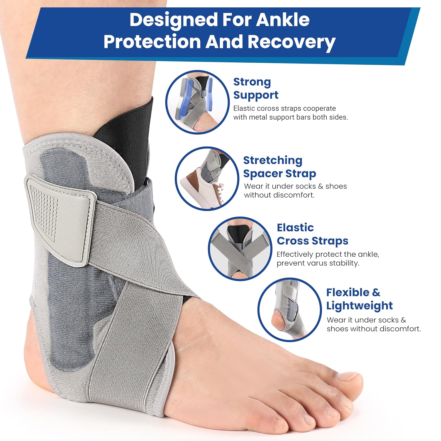 Ankle Brace for Women Men, Ankle Support Brace for Injury Recovery, Sprain, Achilles, Tendon, Ankle Support for Women Men with Adjustable Wrap, Ankle Stabilizer for Sports