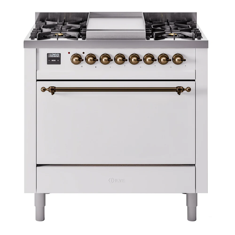 ILVE 36-Inch Nostalgie II Dual Fuel Range with 6 Burners and Solid Door Oven in White with Bronze Trim (UP36FQNMPWHB)